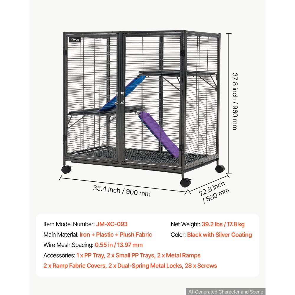 VEVOR Gabbia per Piccoli Animali in Metallo 96 cm a 3 Livelli con Ruote, Box Alto con Spaziatura tra i Fili di 13,97 mm, con Rampe Piattaforma Vassoio e Porte per Furetti Cincillà Porcellini d'India