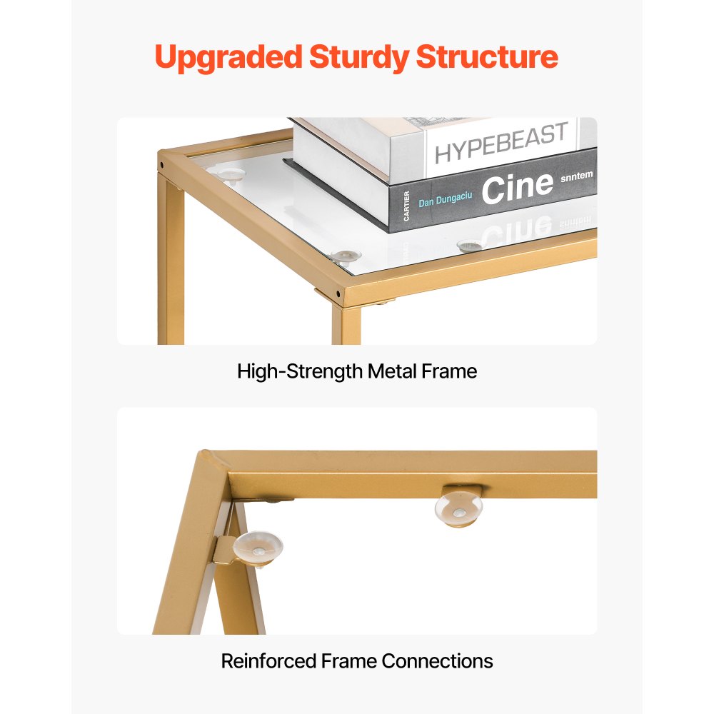 VEVOR 3-Tier Glass Console Table, Modern Rectangle Sofa Side Table with Tempered Glass Top and Iron Legs, Golden Consloe Desk with Anti-Tip Device for Living Room, Hallway, Entryway, Foyer, Golden