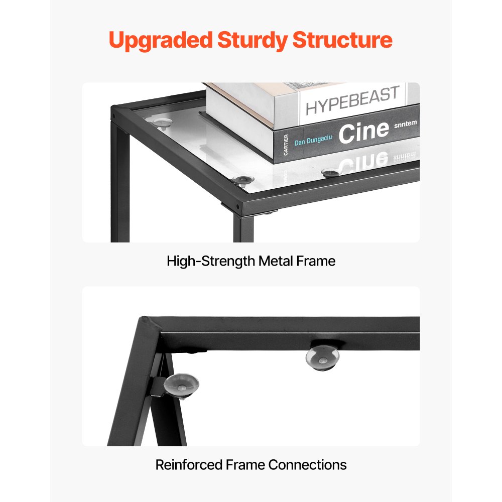 VEVOR 3-Tier Glass Console Table, Modern Rectangle Sofa Side Table with Tempered Glass Top and Iron Legs, Golden Consloe Desk with Anti-Tip Device for Living Room, Hallway, Entryway, Foyer, Black