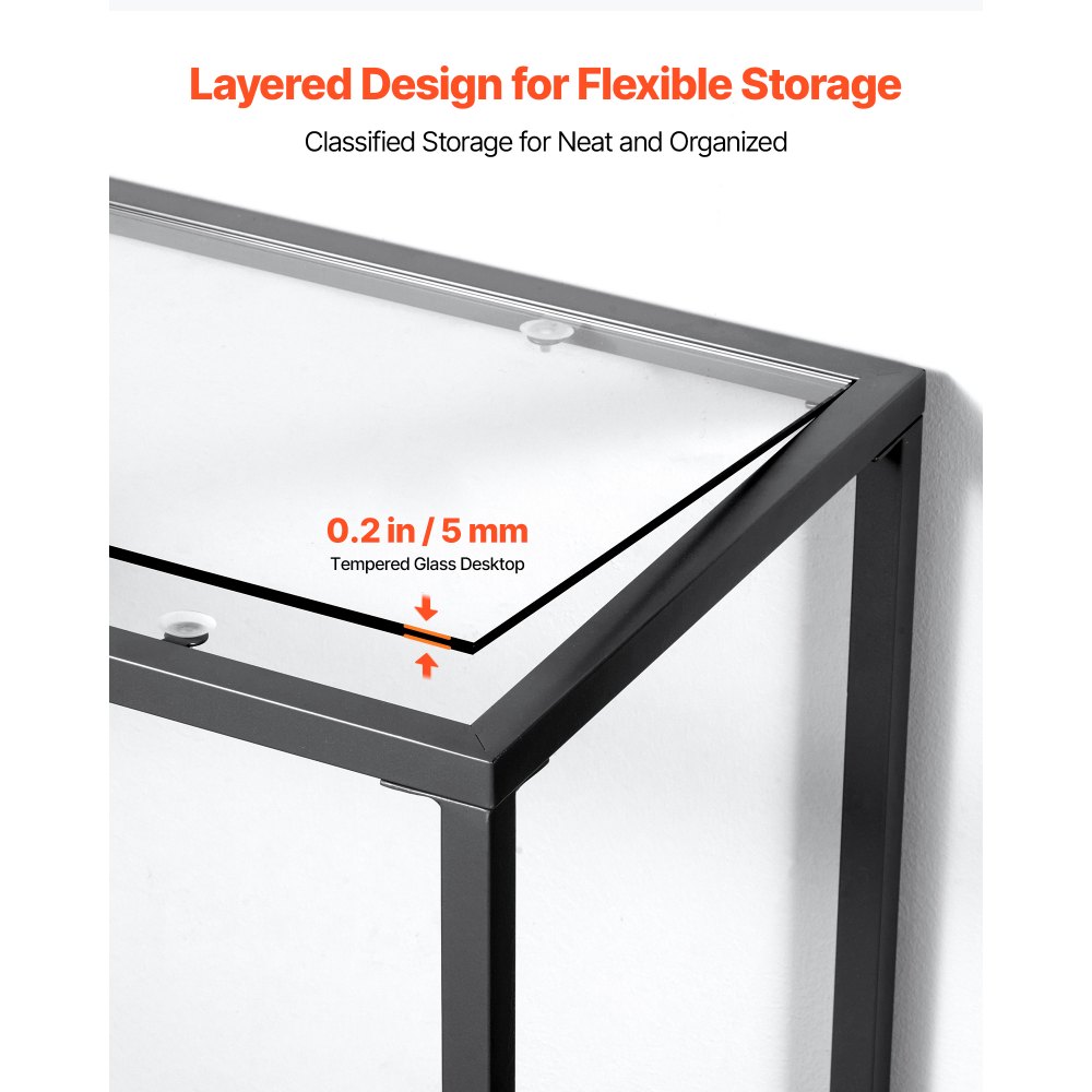 VEVOR Tavolo Consolle in Vetro a 2 Livelli 107 x 35,4 x 75,5 cm Moderno Tavolino Rettangolare con Piano in Vetro Temperato e Gambe in Ferro, Dispositivo Antiribaltamento per Soggiorno, Ingresso, Nero