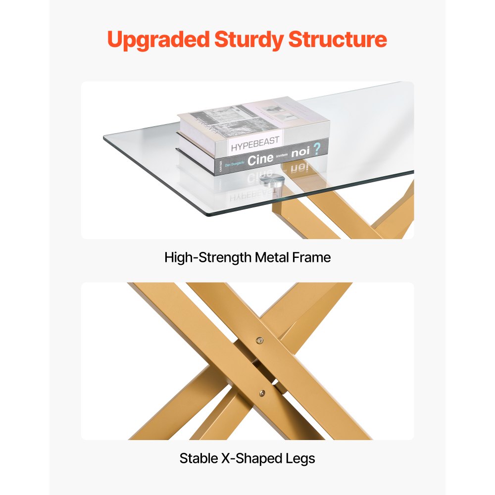 VEVOR Glass Coffee Table, Modern Rectangle Sofa Side Table with Tempered Glass Top & Iron Cross-Legs, Golden Geometric Consloe Desk with Adjustable Anti-slip Foot Pads for Living Room, Entryway, Foyer