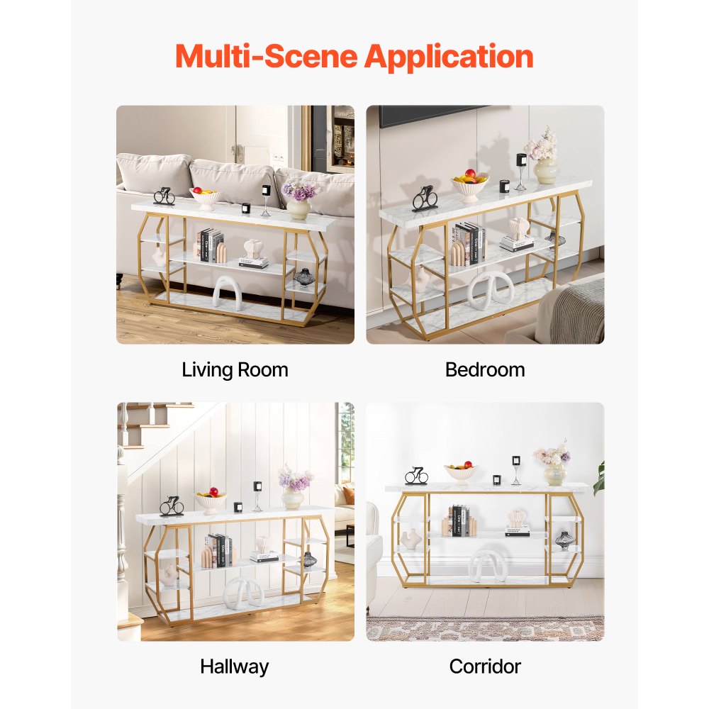 VEVOR Tavolo Consolle in Marmo 180 x 35 x 91 cm Tavolino da Corridoio Ingresso a 3 Livelli per Riporre Oggetti, con Tubi in Ferro, Dispositivo Antiribaltamento e Supporto Triangolare per Soggiorno