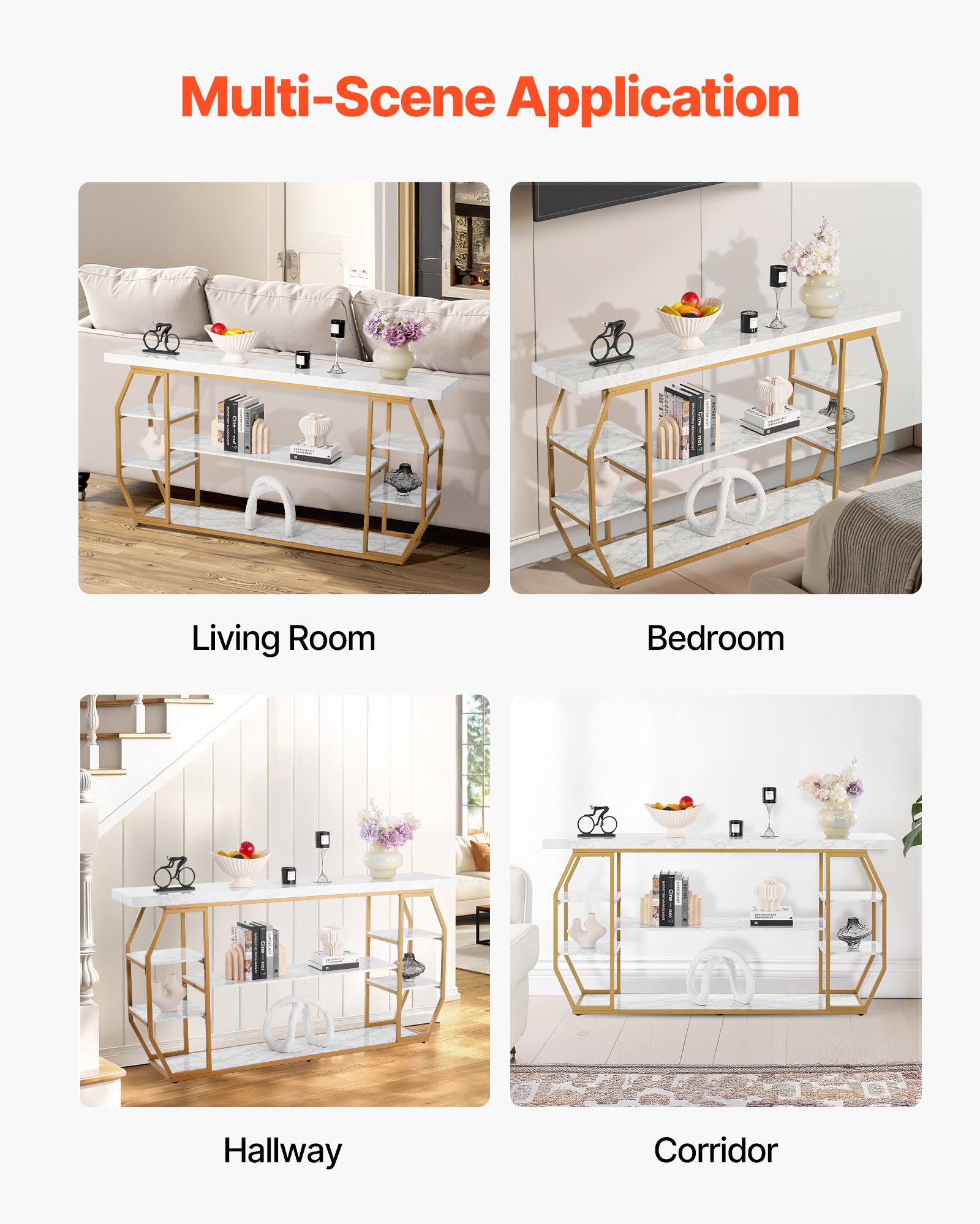 VEVOR Tavolo Consolle in Marmo 180 x 35 x 91 cm Tavolino da Corridoio Ingresso a 3 Livelli per Riporre Oggetti, con Tubi in Ferro, Dispositivo Antiribaltamento e Supporto Triangolare per Soggiorno