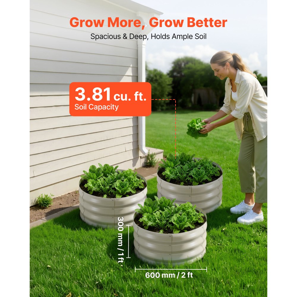 VEVOR 3 Pcs Galvanized Raised Garden Beds, 60 x 60 x 30 cm, Round Metal Planter Boxes Kit Outdoor, Bottomless Elevated Garden Boxes with Gloves, Alu-Zinc, for Planting Flowers Vegetables Herbs, Beige