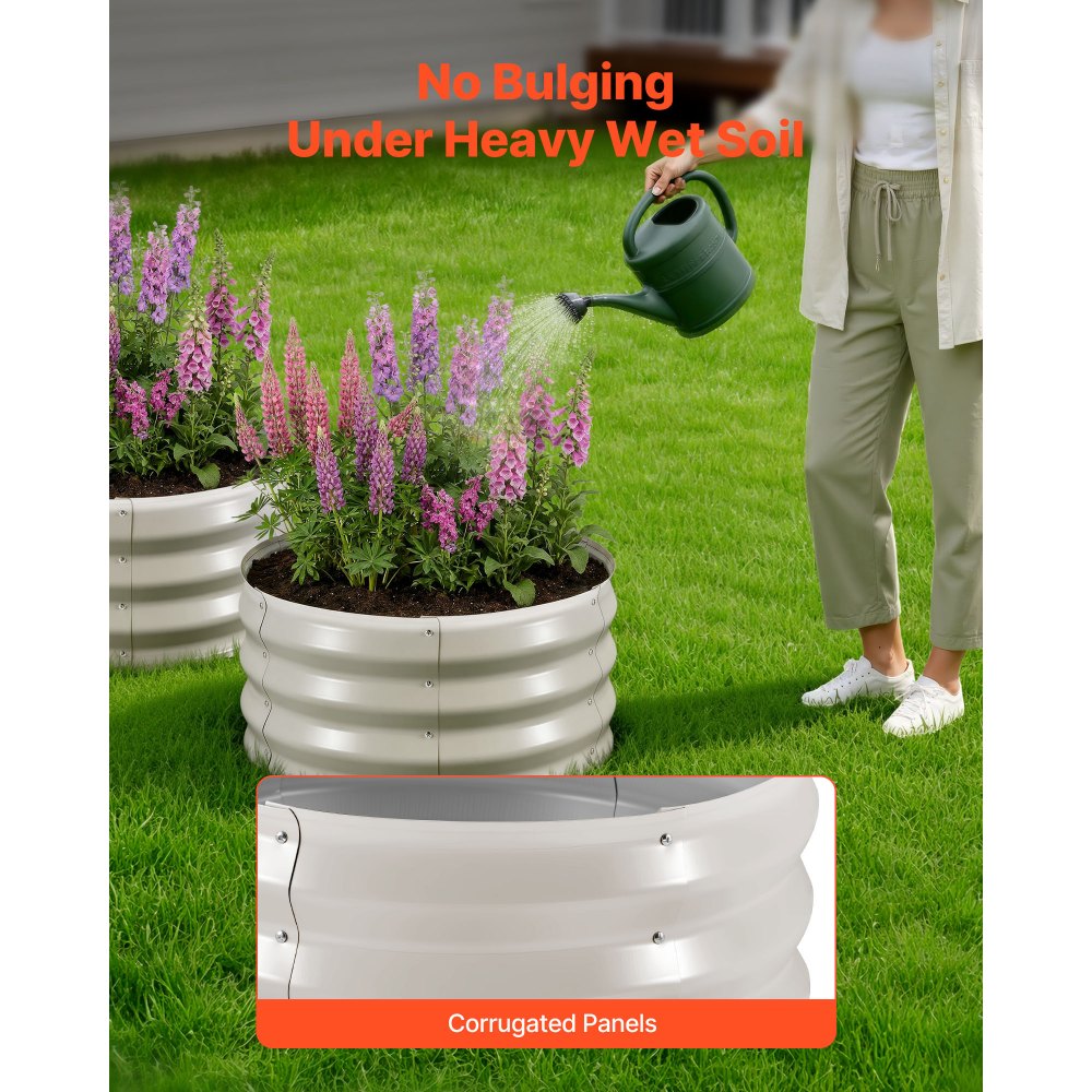 VEVOR 3 Pcs Galvanized Raised Garden Beds, 60 x 60 x 30 cm, Round Metal Planter Boxes Kit Outdoor, Bottomless Elevated Garden Boxes with Gloves, Alu-Zinc, for Planting Flowers Vegetables Herbs, Beige