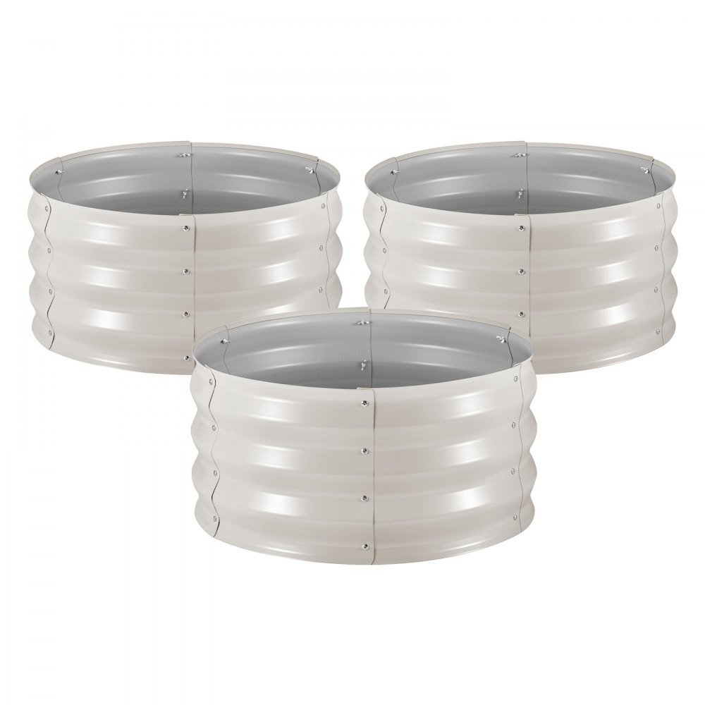VEVOR 3 Pcs Galvanized Raised Garden Beds, 60 x 60 x 30 cm, Round Metal Planter Boxes Kit Outdoor, Bottomless Elevated Garden Boxes with Gloves, Alu-Zinc, for Planting Flowers Vegetables Herbs, Beige