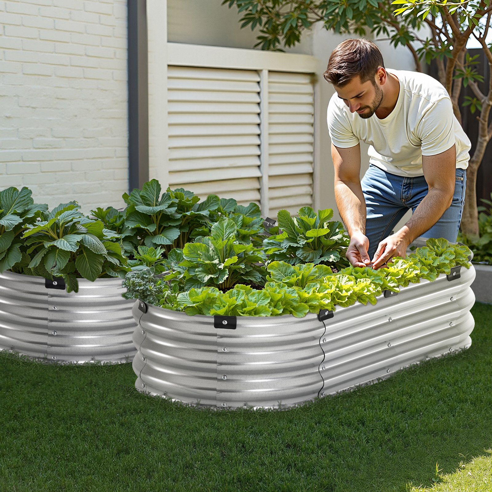 VEVOR Letto Rialzato per Piante da Giardino in Metallo Fioriera Zincata per Esterni 1195 x 585 x 270 mm Fondo Aperto, Letto Rialzato Ovale per Giardinaggio di Verdure Fiori Erbe Aromatiche Piante