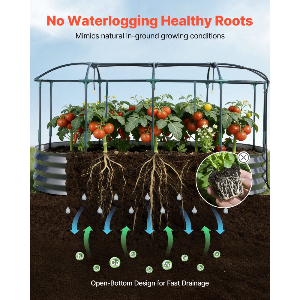 VEVOR Letto Rialzato per Piante in Metallo 180x90x30 cm, Letto Rialzato da Giardino per Orto Aiuola Coltivazione di Ortaggi Fiori Verdure Piante, Fondo Aperto, Sistema Autoirrigazione, Forma Ovale