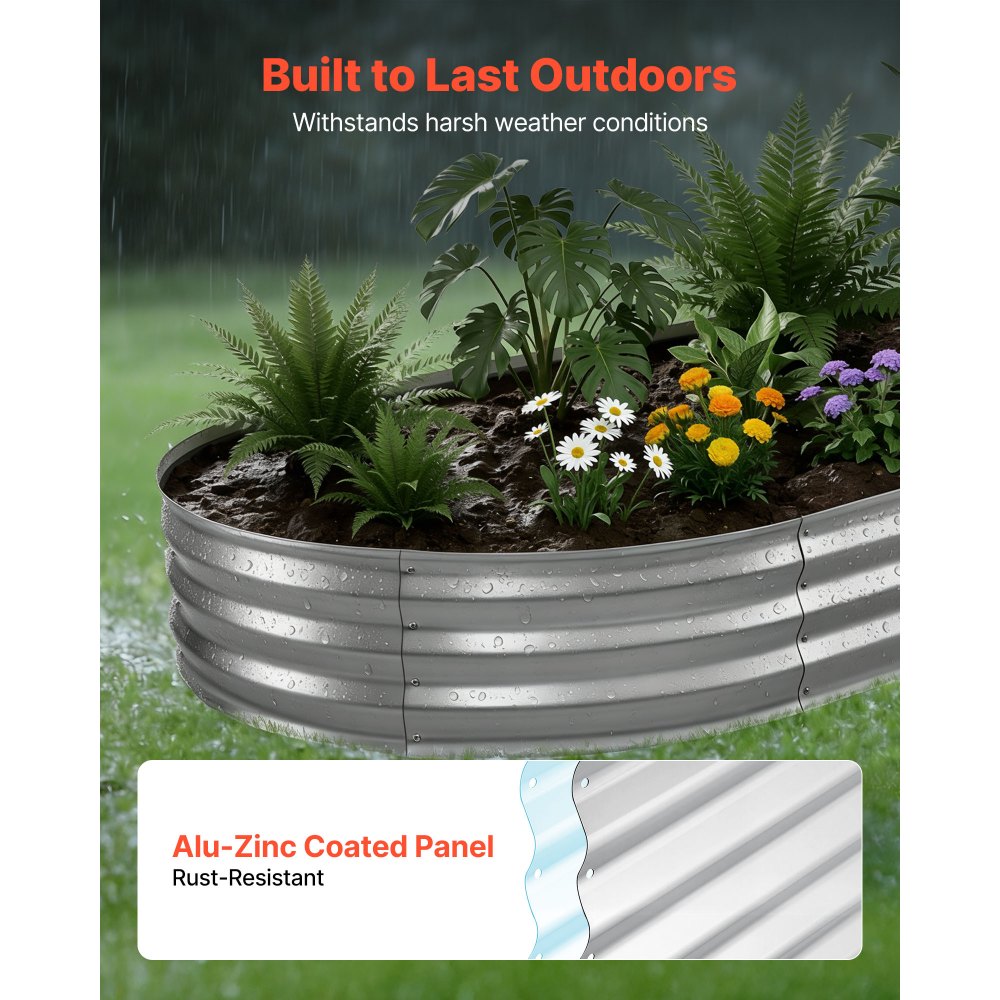 VEVOR Galvanized Raised Garden Bed, 240 x 120 x 30 cm, Oval Metal Planter Box Kit Outdoor, Bottomless Elevated Garden Box with Gloves, Rustproof Alu-Zinc, for Planting Flowers Fruits Vegetable, Silver