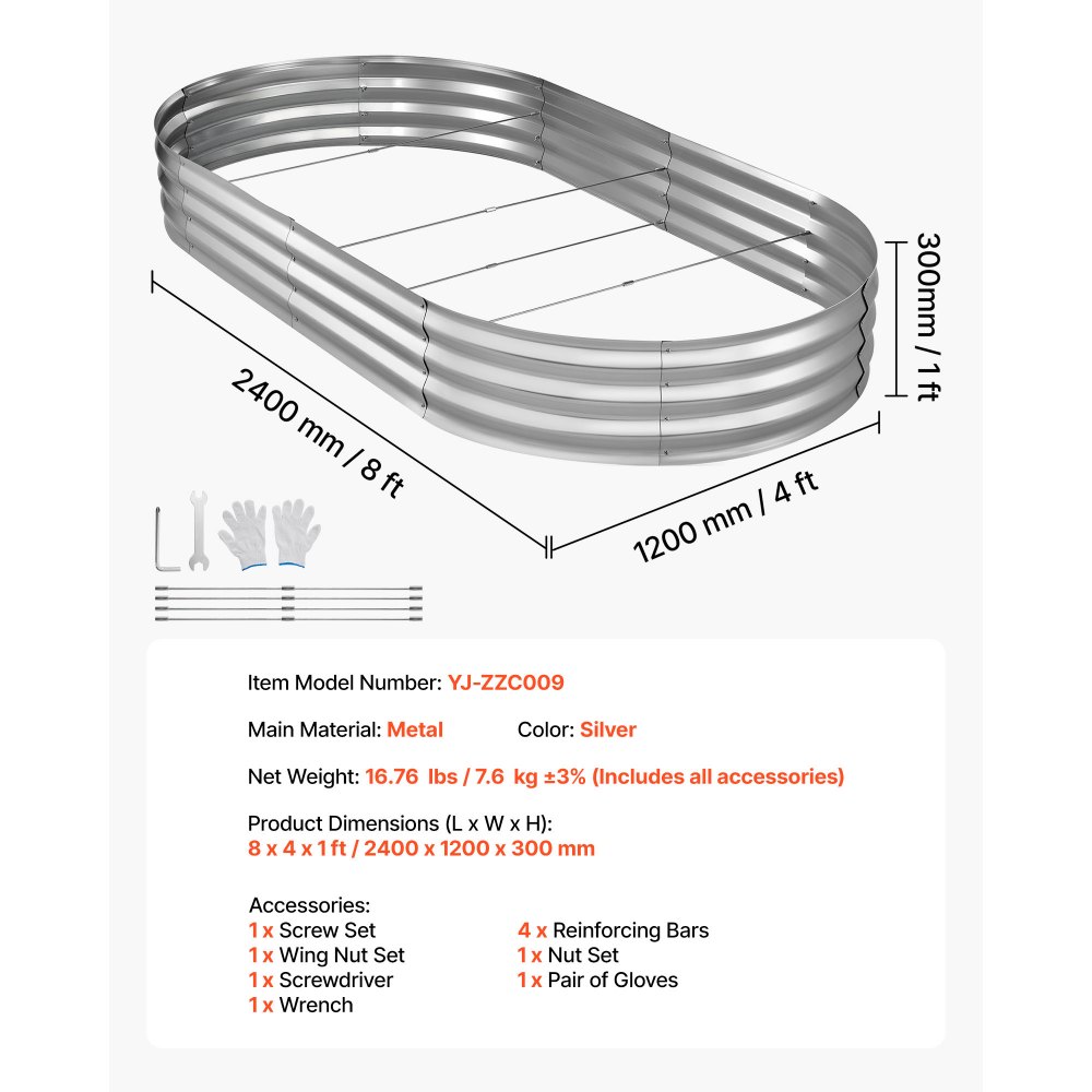 VEVOR Galvanized Raised Garden Bed, 240 x 120 x 30 cm, Oval Metal Planter Box Kit Outdoor, Bottomless Elevated Garden Box with Gloves, Rustproof Alu-Zinc, for Planting Flowers Fruits Vegetable, Silver