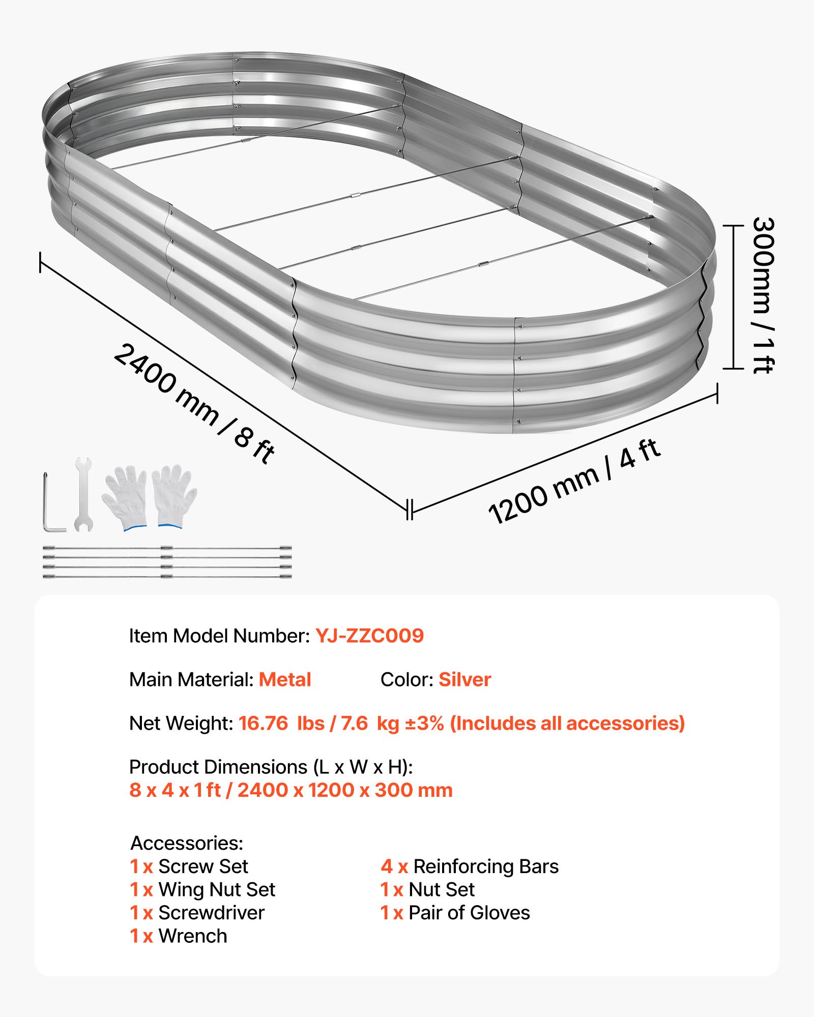 VEVOR Galvanized Raised Garden Bed, 240 x 120 x 30 cm, Oval Metal Planter Box Kit Outdoor, Bottomless Elevated Garden Box with Gloves, Rustproof Alu-Zinc, for Planting Flowers Fruits Vegetable, Silver