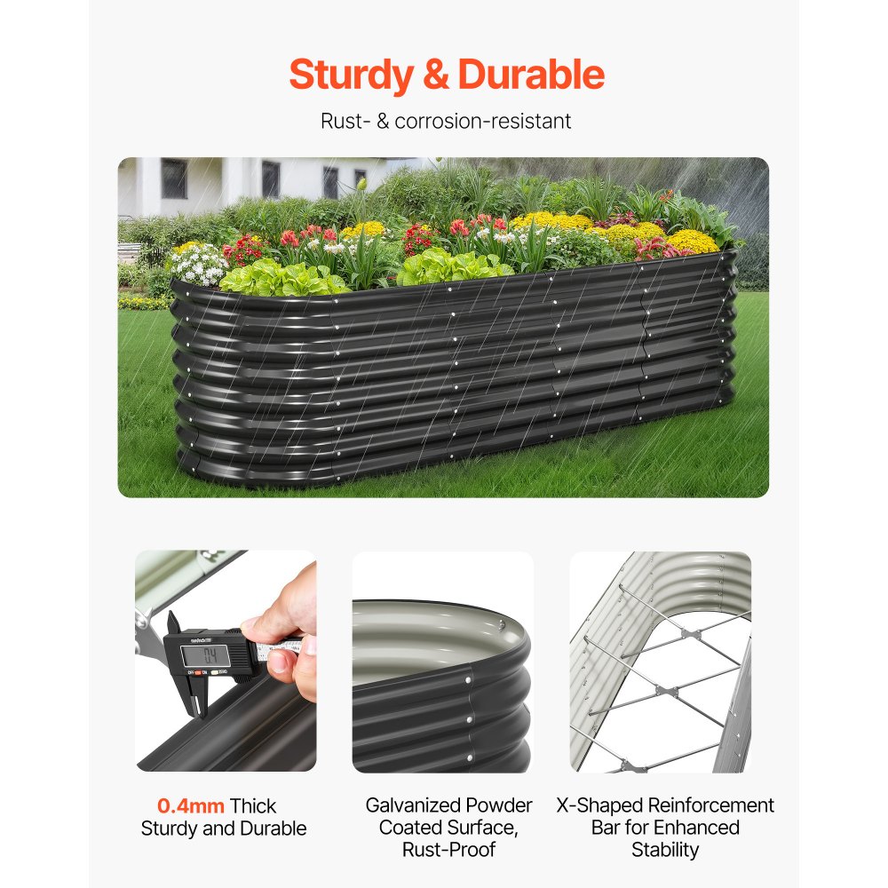 VEVOR Metal Raised Garden Bed, 2.4 x 0.6 x 0.6 m Oval Outdoor Galvanized Planter Garden Box, Open Bottom Design, Large Planter Raised Bed for Growing Vegetables, Flowers, Herbs, Succulents, Dark Gray