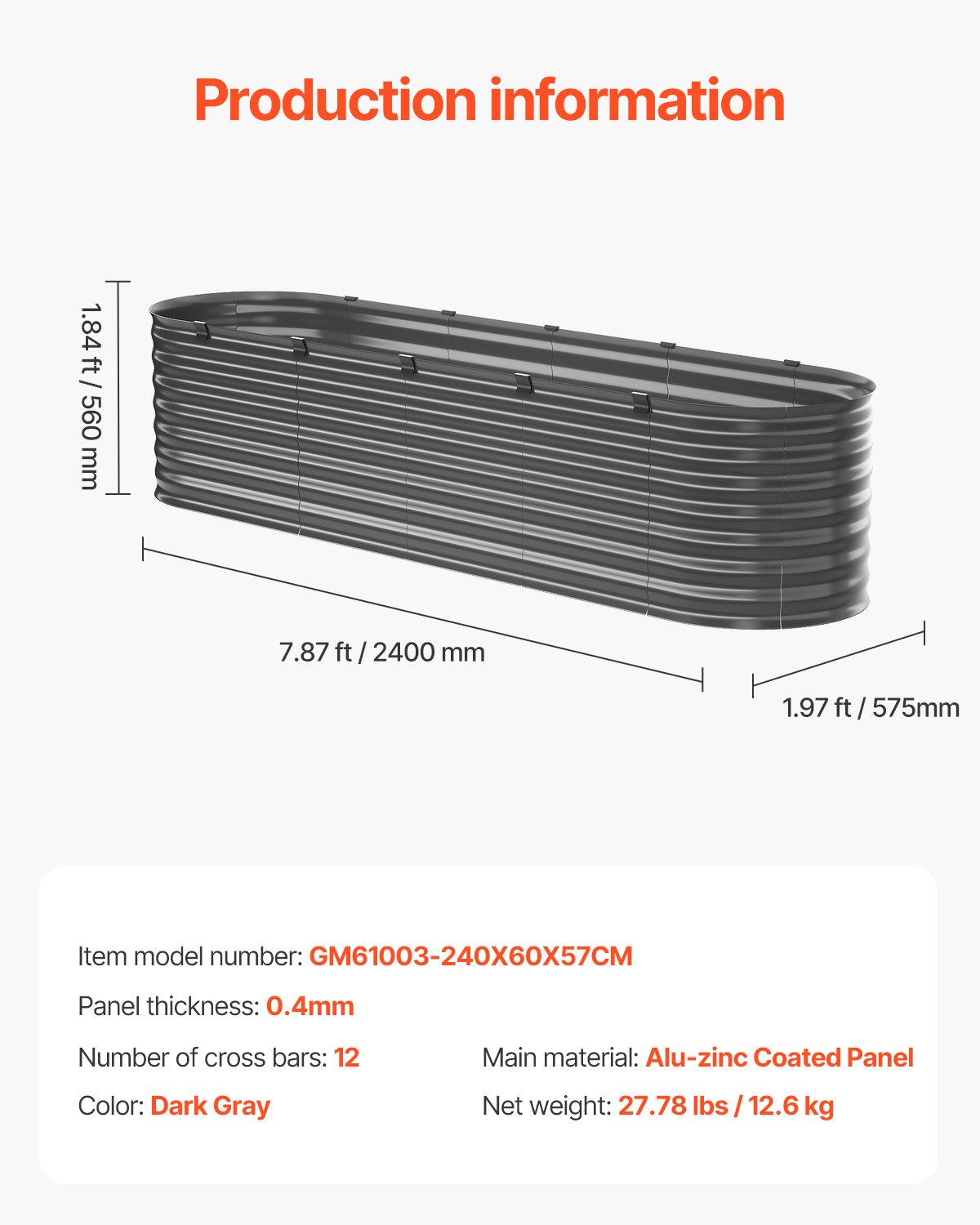 VEVOR Metal Raised Garden Bed, 240x60x56cm, Galvanized Outdoor Planter with Open Bottom, Oval Vegetable Bed for Growing Vegetables, Flowers, Herbs and Succulents, Dark Grey