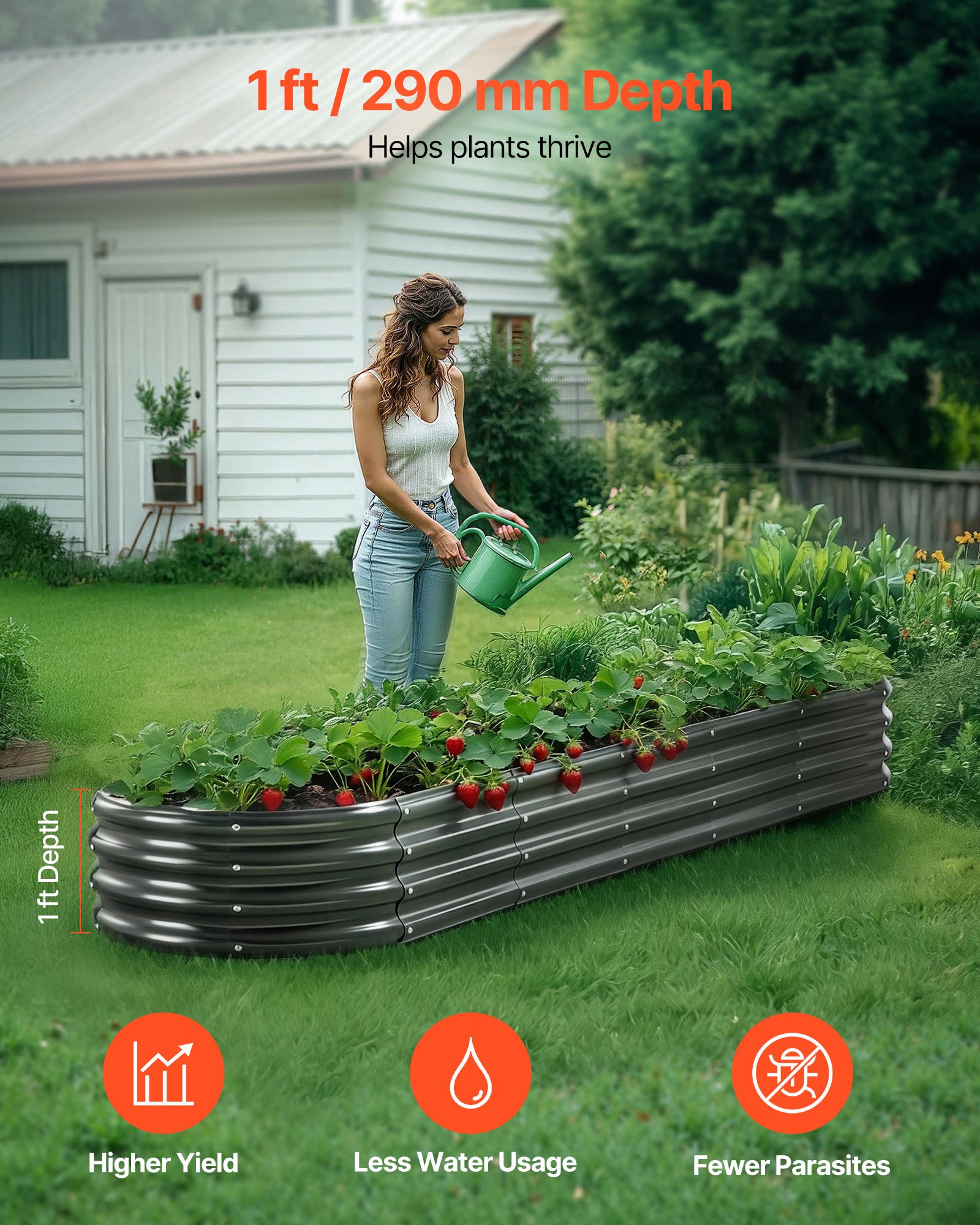 VEVOR Letto da Giardino in Acciaio Zincato 2400 x 600 x 290 mm, Design a Fondo Aperto, Grande Aiuola Rialzata per la Coltivazione di Verdure, Fiori, Erbe Aromatiche e Piante Grasse, Grigio Scuro