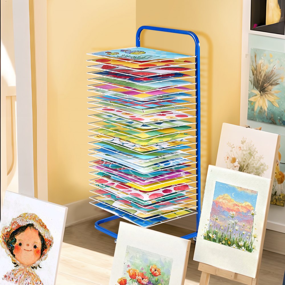 VEVOR Stendino per Pittura, 25 Ripiani Rimovibili, Stendino per Opere d'Arte con Ruote Bloccabili 432 x 330 x 1000 mm Stendino per Pittura in Acciaio al Carbonio per Opere d'Arte in Aula, Blu + Bianco