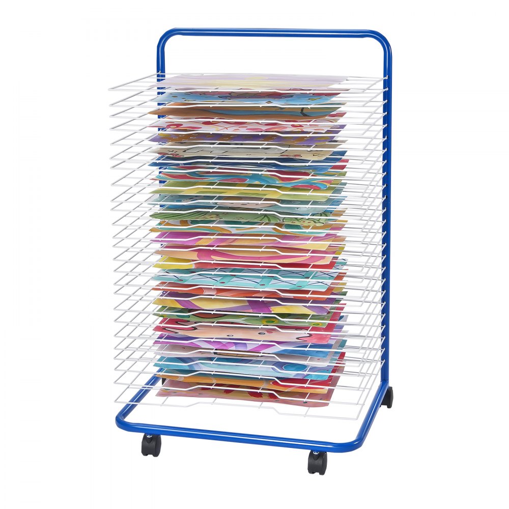 VEVOR Stendino per Pittura, 25 Ripiani Rimovibili, 584 x 400 mm Stendibiancheria Pittura con Ruote Bloccabili, Stendino in Acciaio Carbonio per Opere Arte in Aula, Studi Arte e Scuole, Blu Bianco
