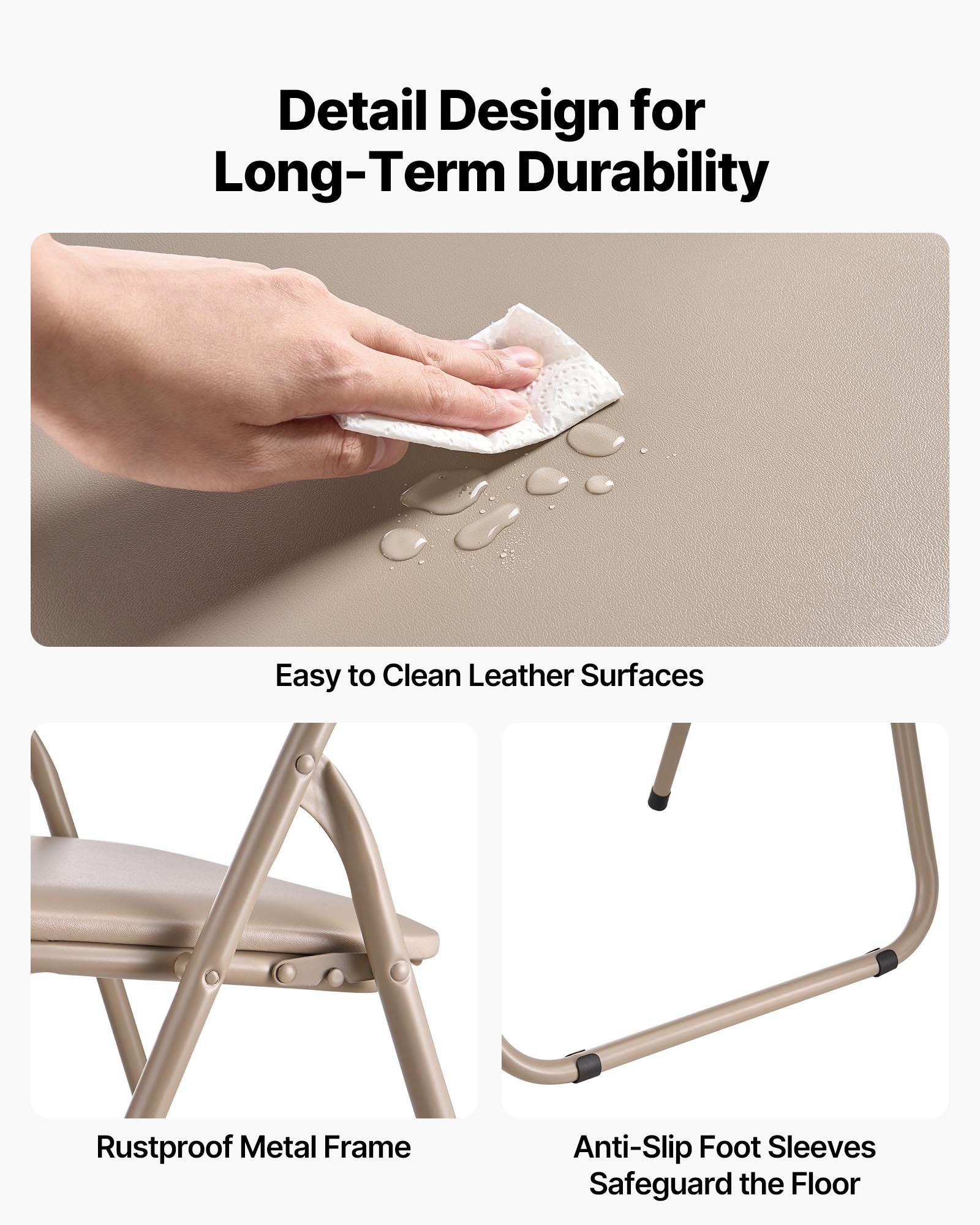 VEVOR Set di 4 Sedie Pieghevoli in Pelle con Struttura in Metallo Resistente e Cuscino Imbottito, Sedie Pieghevoli Portatili per Tavolo da Gioco, Sgabello Impilabile per Casa, Cortile, Colore Cachi