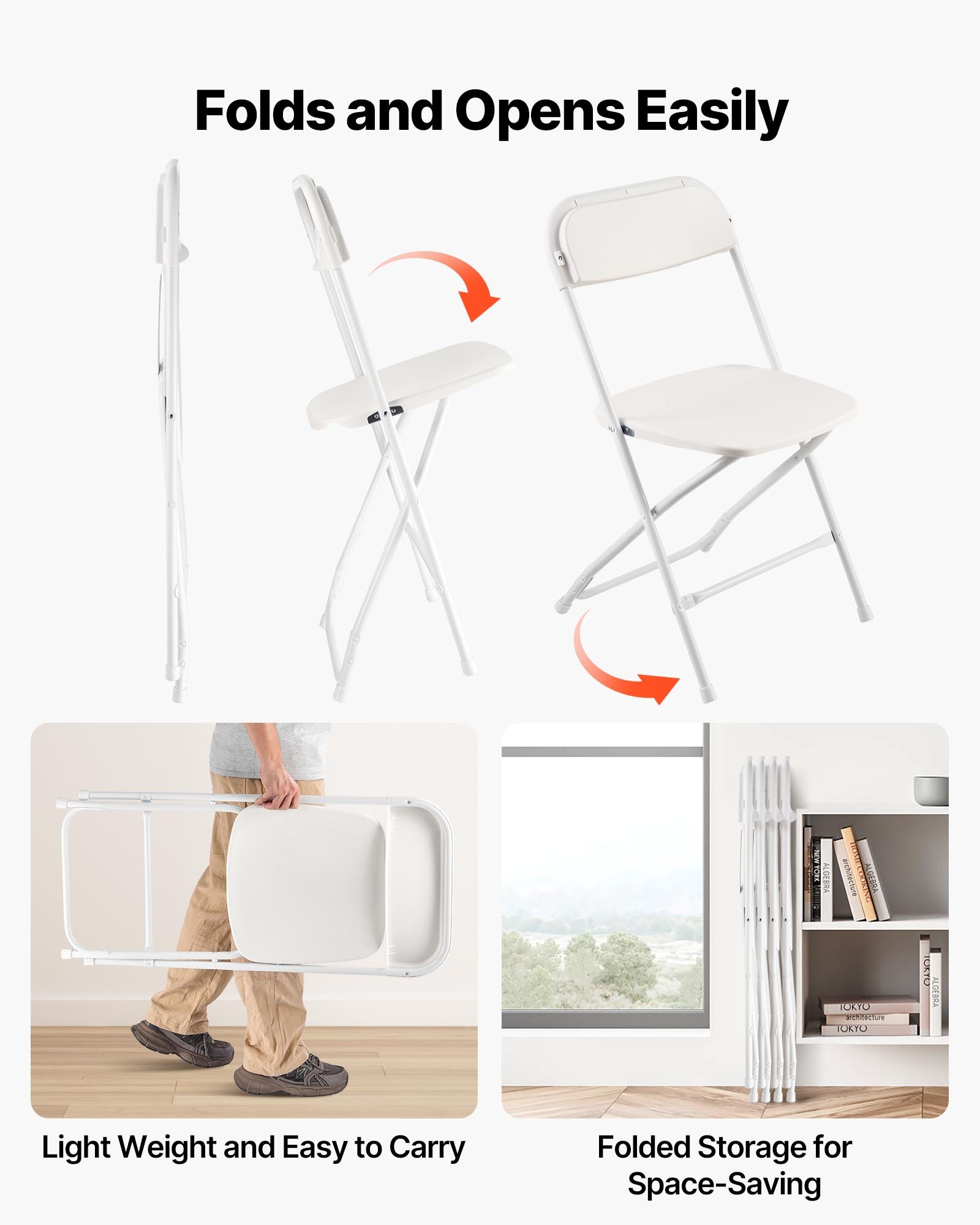 VEVOR Set di 4 Sedie Pieghevoli in Plastica con Struttura in Metallo Resistente, Sedie da Tavolo Portatili per Interni ed Esterni, Sgabello in Metallo Pieghevole per Casa, Cortile, Feste, Bianco