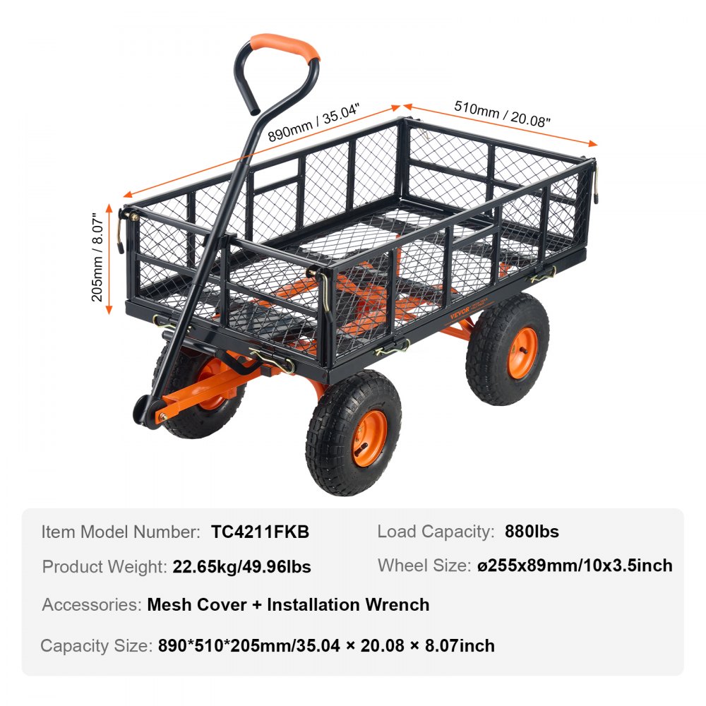VEVOR Garden Cart, Metal Garden Trolley with Easy-to-Assemble Frame, Tipping Wagon with Convertible 2-in-1 Handle, All-Purpose Wheelbarrow with 400 kg Load Capacity, 25.4 cm Tires