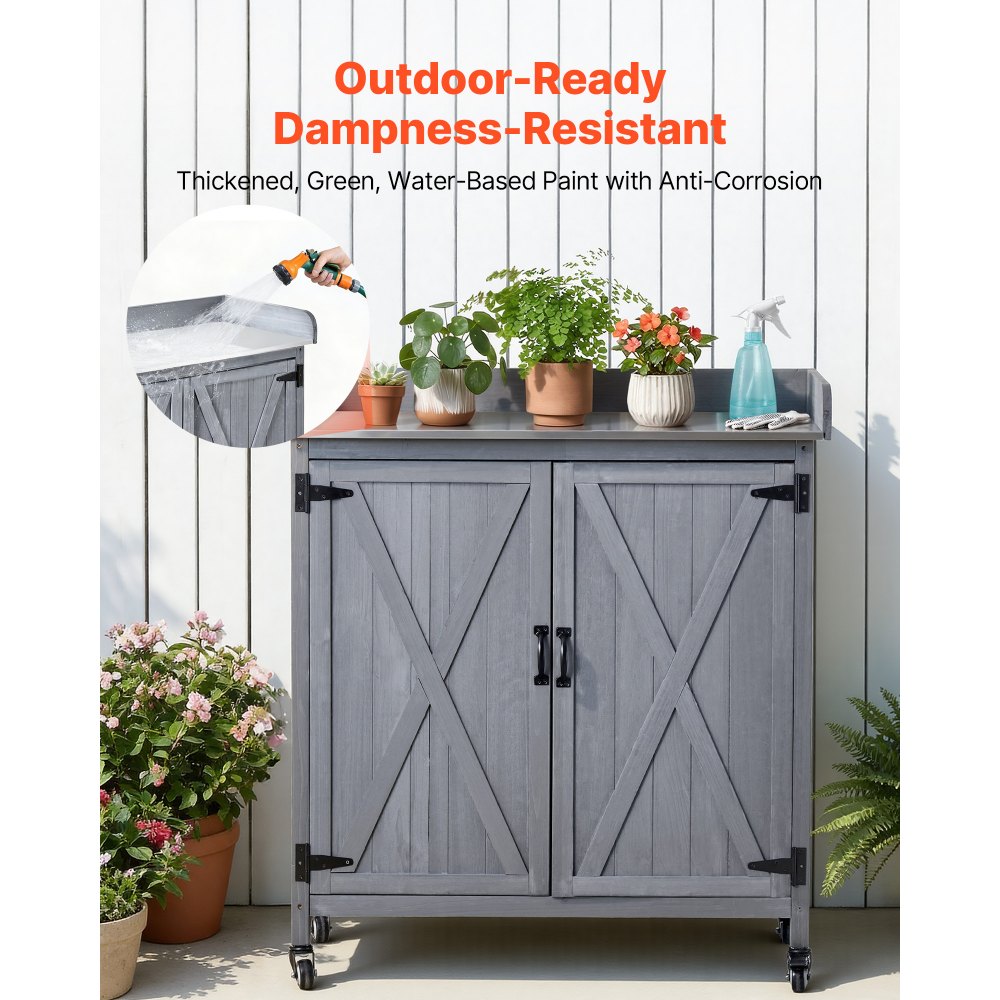 VEVOR Potting Bench Table, Outdoor Gardening Wooden Storage Cabinet with 91.5 x 40.5 cm Galvanized Iron Tabletop, Garden Workstation with Large Storage Space, 4 Casters for Patio, Backyard, Gray