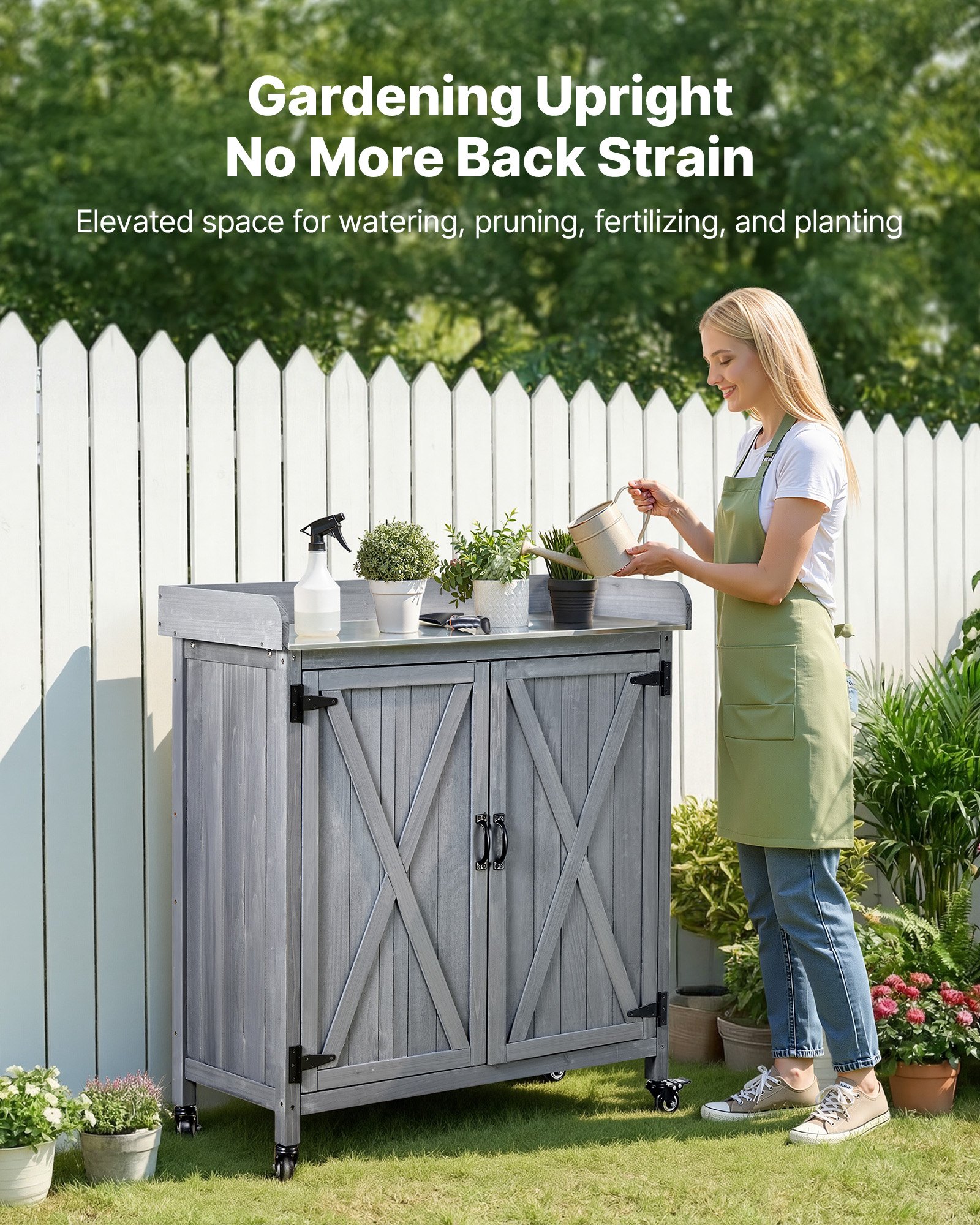 VEVOR Potting Bench Table, Outdoor Gardening Wooden Storage Cabinet with 91.5 x 40.5 cm Galvanized Iron Tabletop, Garden Workstation with Large Storage Space, 4 Casters for Patio, Backyard, Gray