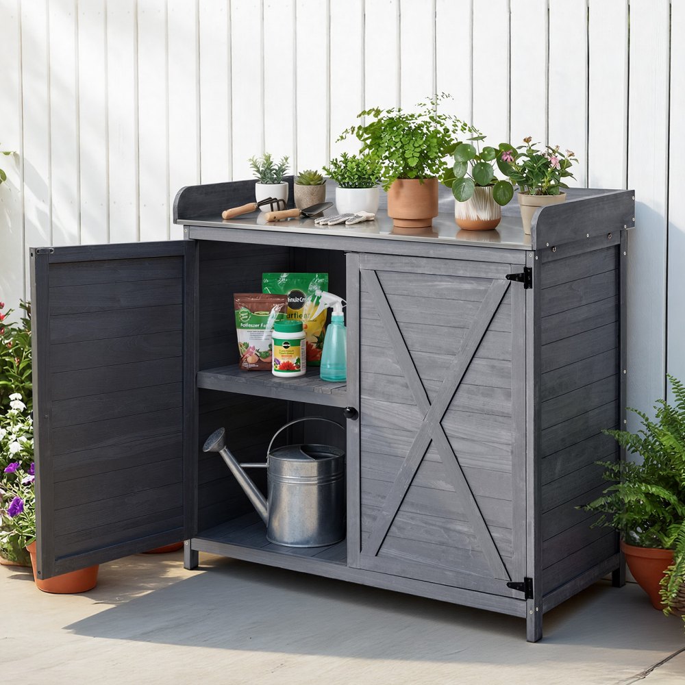 VEVOR Potting Bench Table, Outdoor Gardening Wooden Storage Cabinet with 98 x 48 cm Wood Tabletop, Garden Planting Workstation with Large Storage Space for Patio, Backyard, Gray