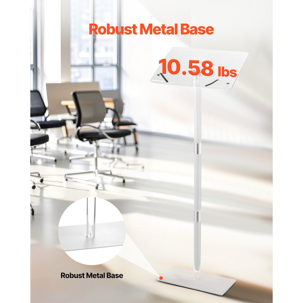 VEVOR Podium Stand, 1100 mm Acrylic Lectern, Portable Laptop Desk with Wide Reading Surface, Book Clips, Adjustable Angle, Floor-Standing, for Classroom, Wedding, Conference, Lecture and Concert