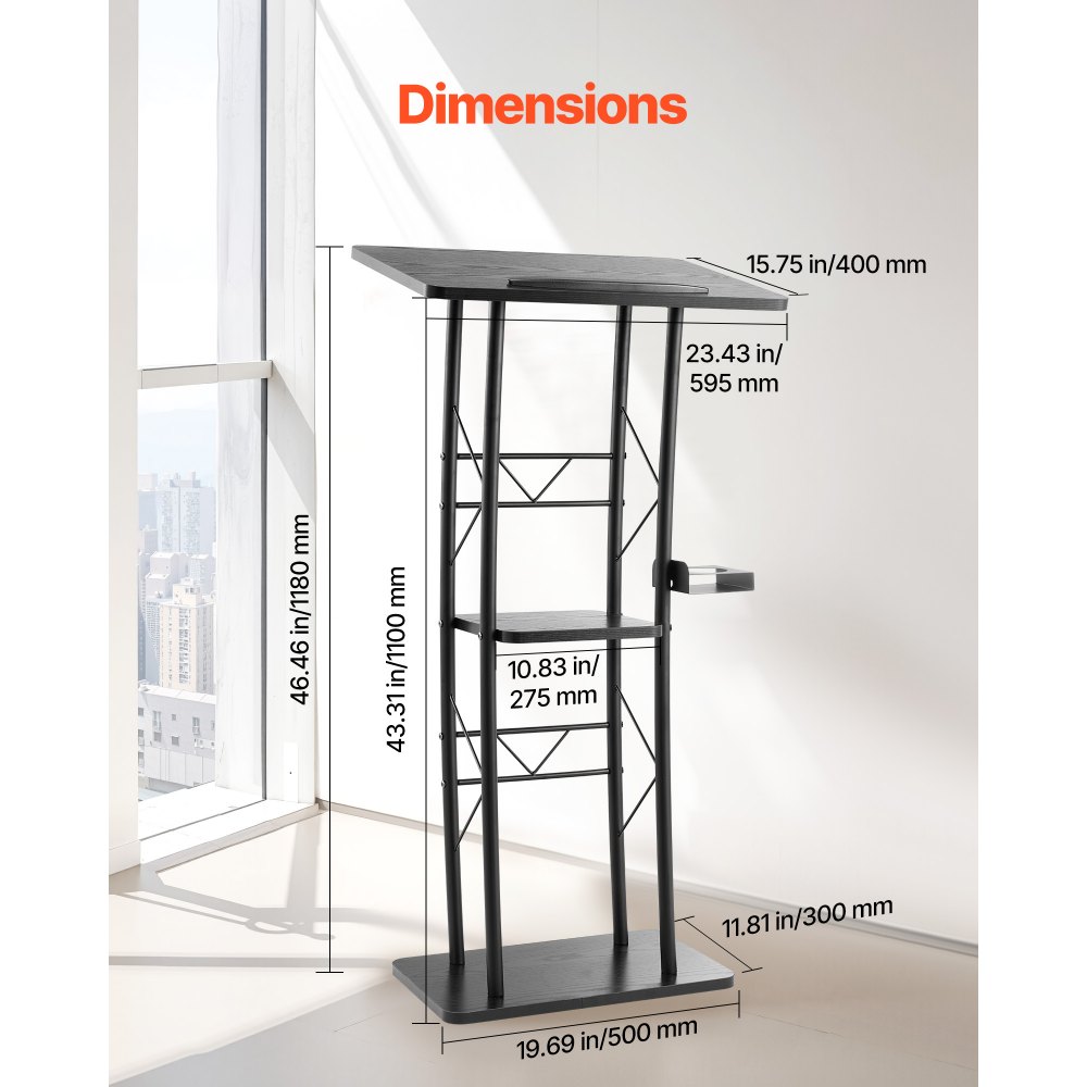 VEVOR Podium Stand, 1180 mm Metal Lectern, Curved Standing Podium  with Wide Reading Surface, Open Storage Compartment, Book Stopper, Cup Holder, for Classroom, Wedding, Conference, Speech, Concert