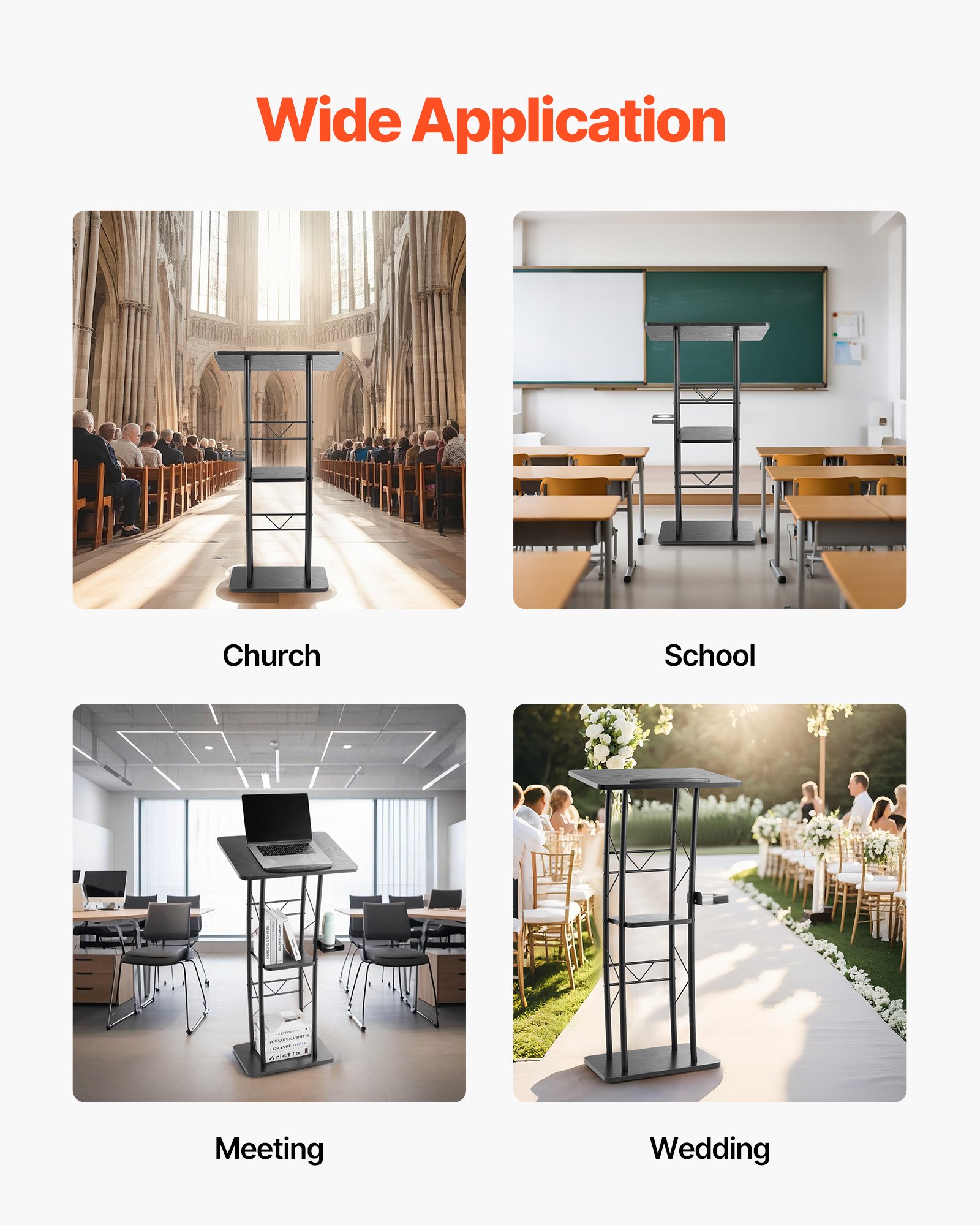 VEVOR Podium Stand, 1180 mm Metal Lectern, Curved Standing Podium  with Wide Reading Surface, Open Storage Compartment, Book Stopper, Cup Holder, for Classroom, Wedding, Conference, Speech, Concert