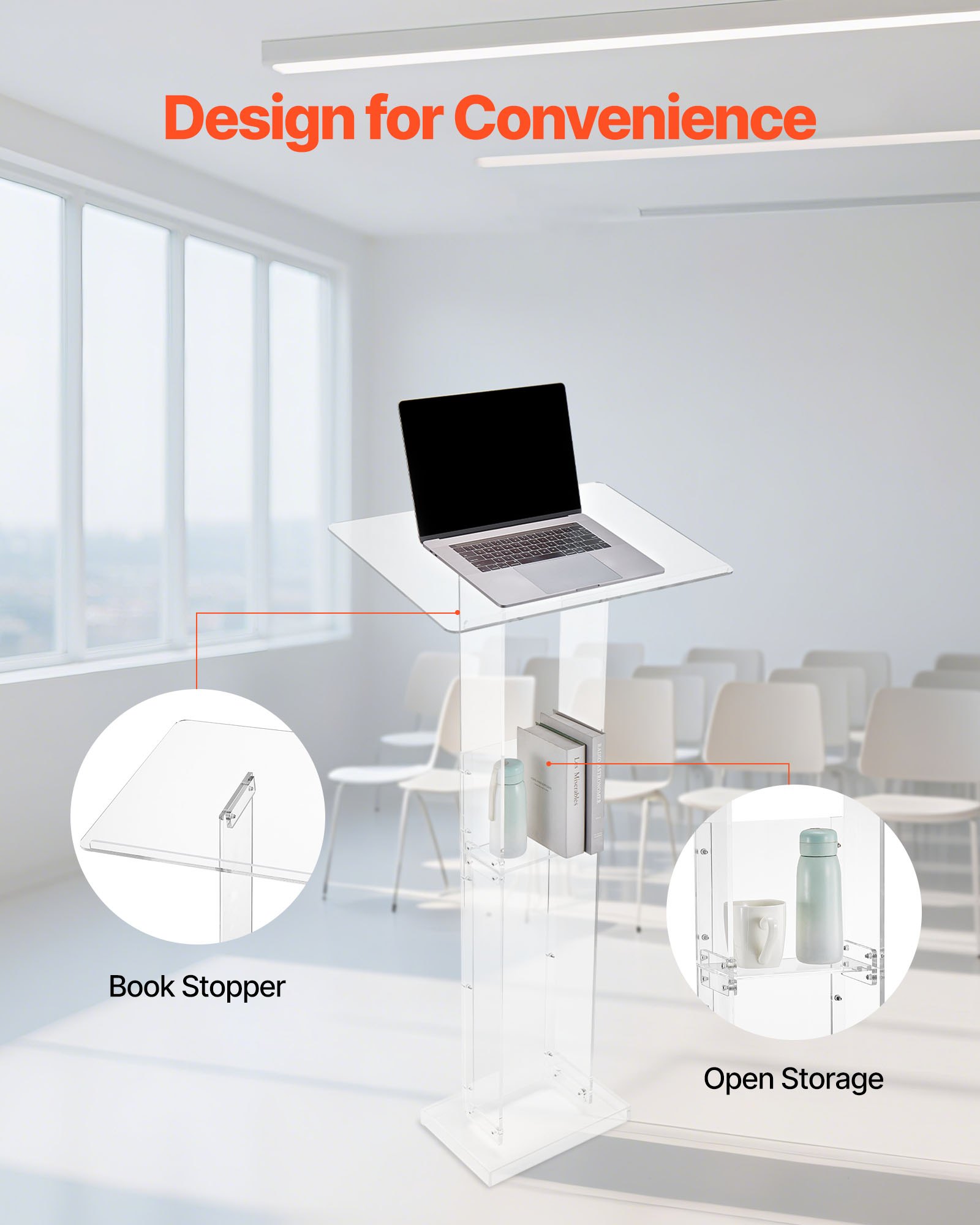 VEVOR Podium Stand, 1265 mm Acrylic Lectern, Portable Laptop Desk with Wide Reading Surface and Storage Shelf, Book Stopper, Floor-Standing, for Classroom, Wedding, Conference, Lecture and Concert