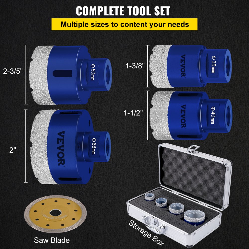 VEVOR Punta Diamantata, 4 Pezzi Peso 1,3 kg Diametro 35/40/50/68 mm QHKZ4PCS Frese a Tazza Diamantate per Smerigliatrice Angolare per Forare Materiali Duri Come Ceramica, Marmo, Muratura, Granito