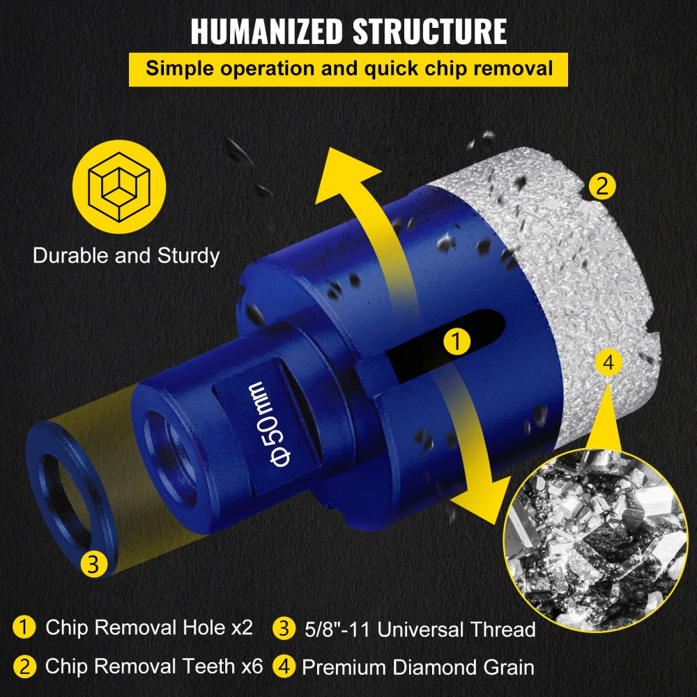 VEVOR Punta Diamantata, 4 Pezzi Peso 1,3 kg Diametro 35/40/50/68 mm QHKZ4PCS Frese a Tazza Diamantate per Smerigliatrice Angolare per Forare Materiali Duri Come Ceramica, Marmo, Muratura, Granito