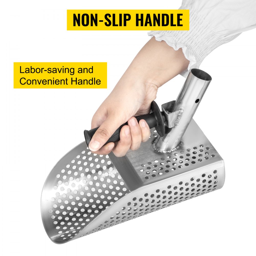 VEVOR Sabbia Scoop in Acciaio Inox Ottima qualità, Fori Rotondi di 10 mm Inox Sand Scoop, 2 mm di Spessore Subacquea Ricercatore con Manico, 20x29 cm Utensile da Caccia per la Rilevazione dei Metalli
