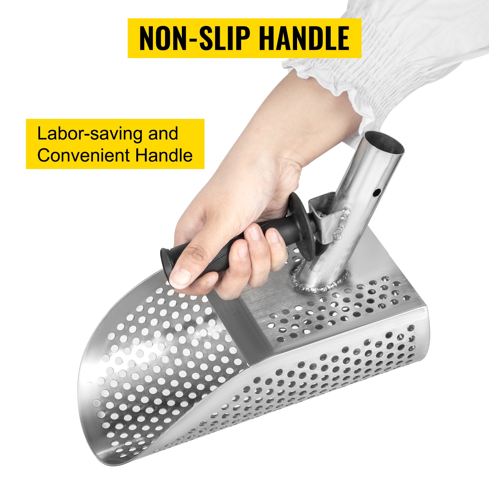 VEVOR Sabbia Scoop in Acciaio Inox Ottima qualità, Fori Rotondi di 10 mm Inox Sand Scoop, 2 mm di Spessore Subacquea Ricercatore con Manico, 20x29 cm Utensile da Caccia per la Rilevazione dei Metalli