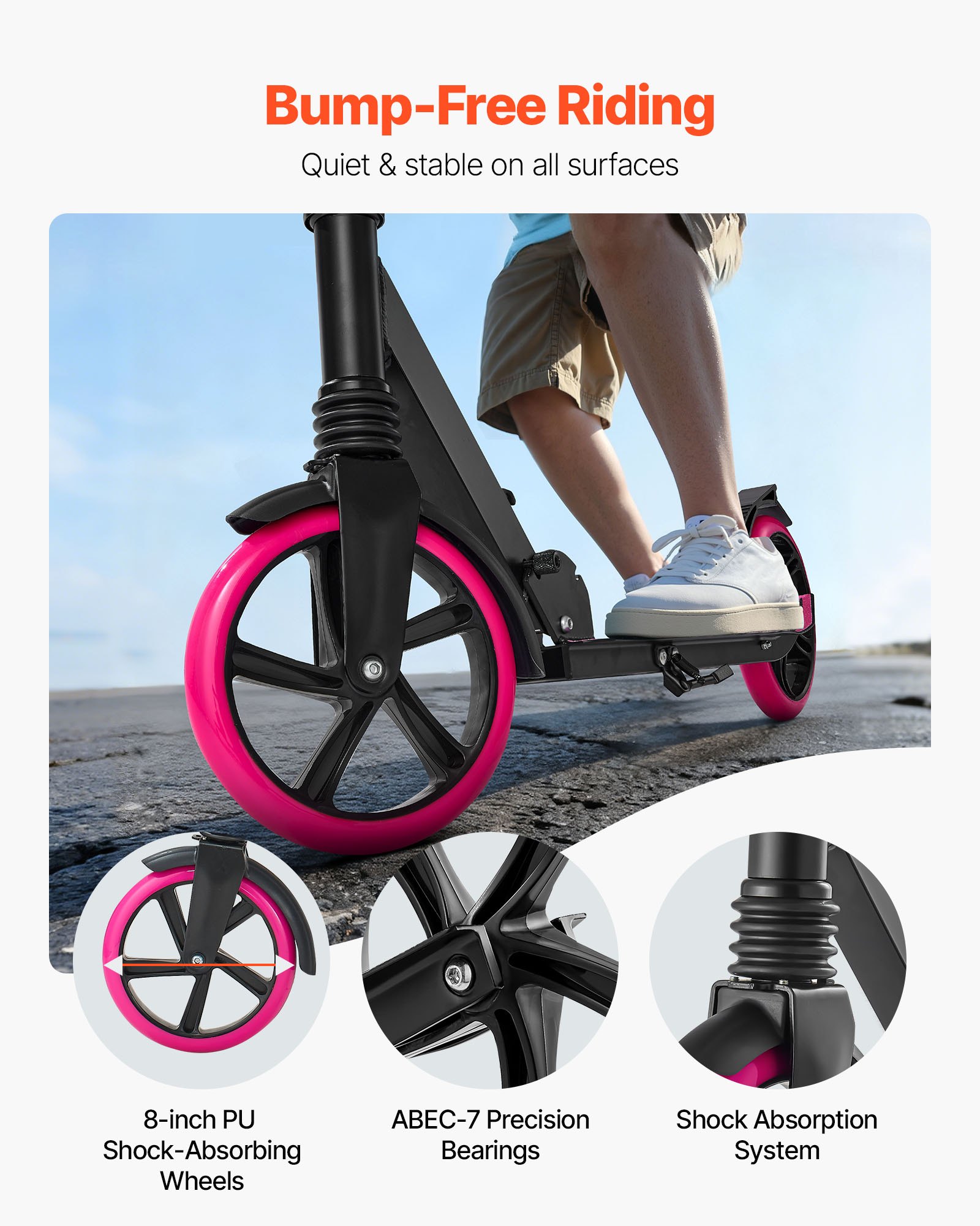 VEVOR Monopattini a Spinta, Monopattino con Freno a Pedale a 2 Ruote con Manubrio Regolabile Pedana Antiscivolo, Pieghevole e Leggero Fino a ca. 99,7 kg per Adolescenti e Adulti, Rosa