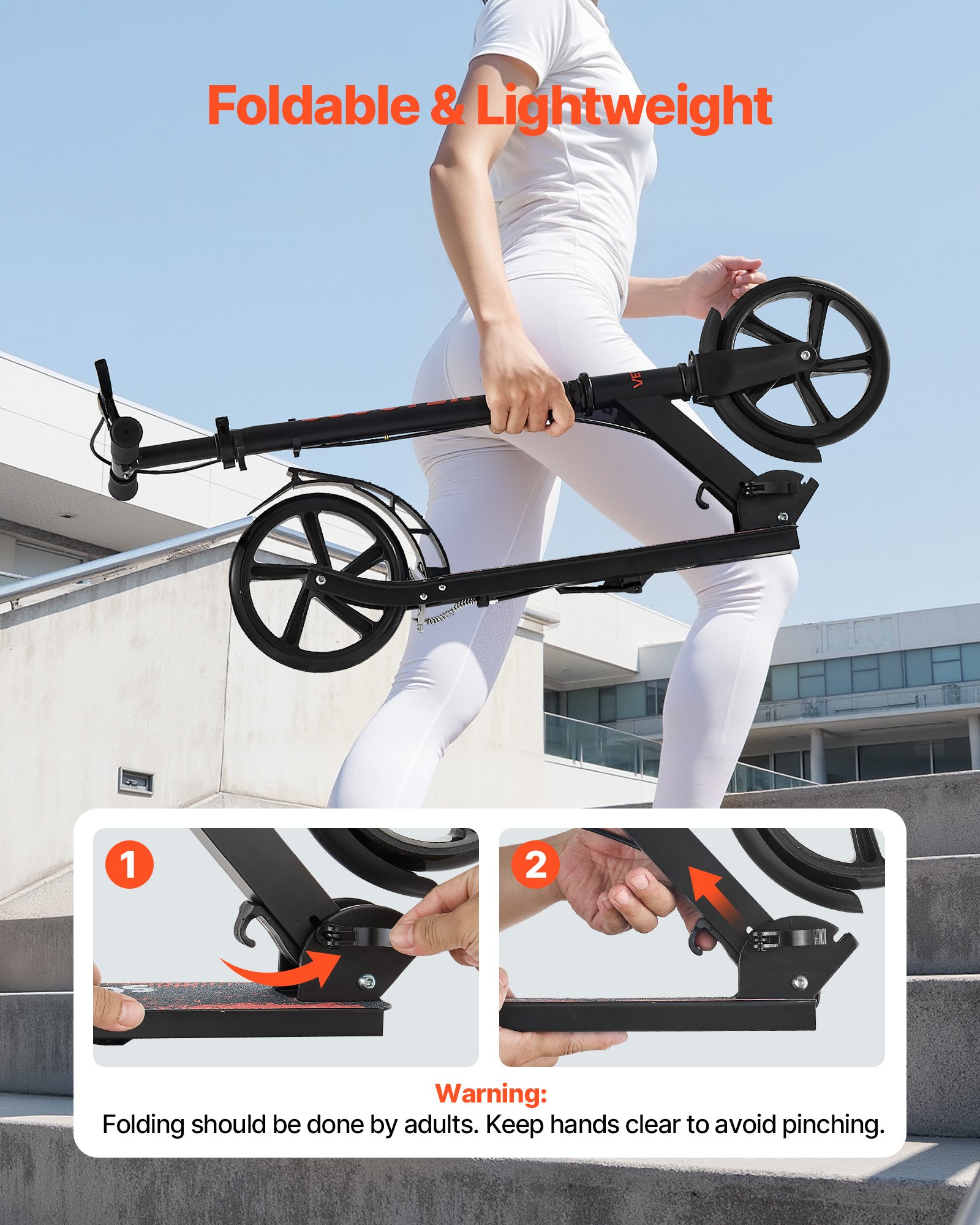 VEVOR Monopattino con 2 Ruote per Bambini da 8 Anni, Monopattino Pieghevole per Movimento della Città Carico max. 100kg 3 Altezze 860/930/1000 mm, Pedana Antiscivolo e Freno a Leva, Nero