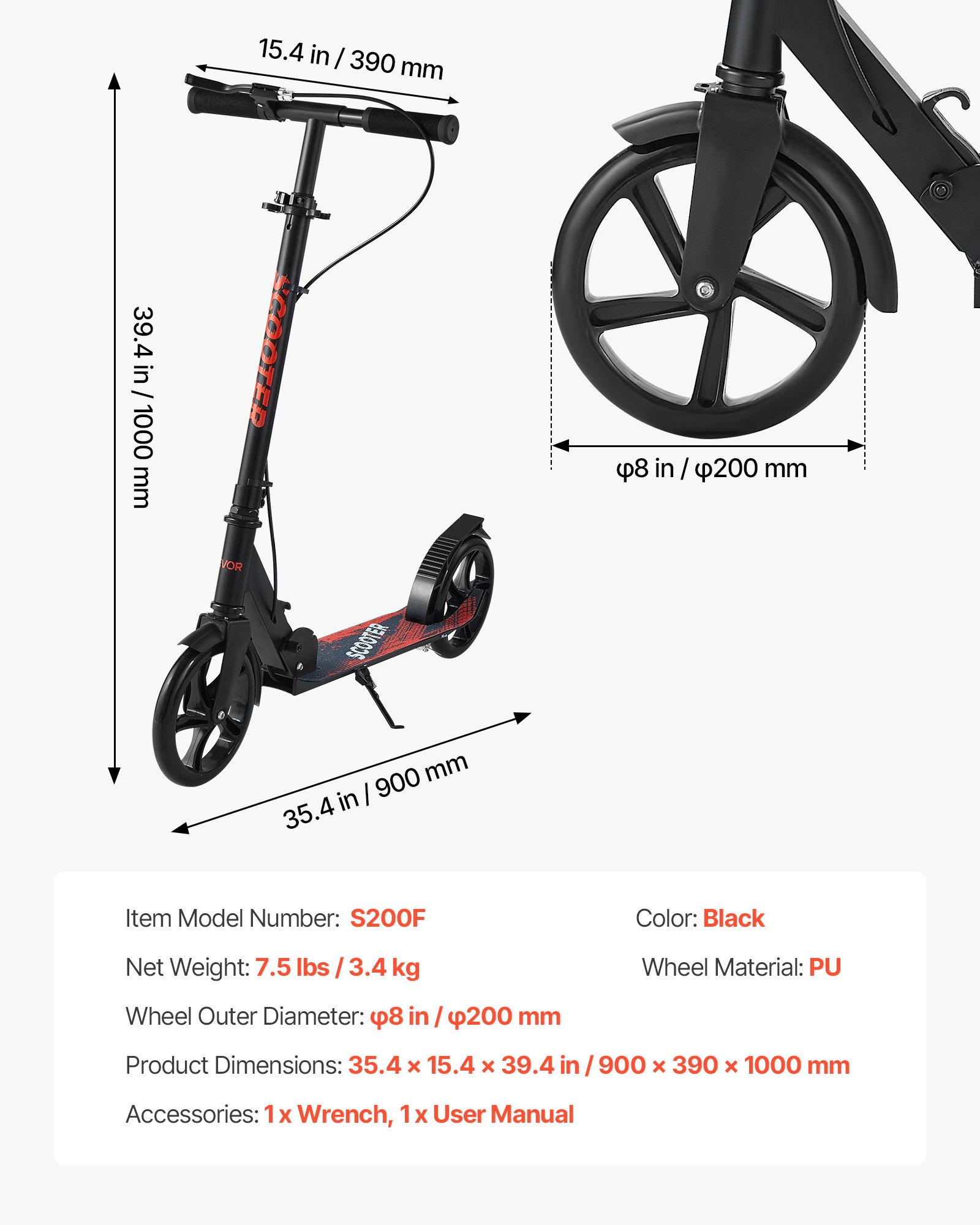 VEVOR Monopattino con 2 Ruote per Bambini da 8 Anni, Monopattino Pieghevole per Movimento della Città Carico max. 100kg 3 Altezze 860/930/1000 mm, Pedana Antiscivolo e Freno a Leva, Nero
