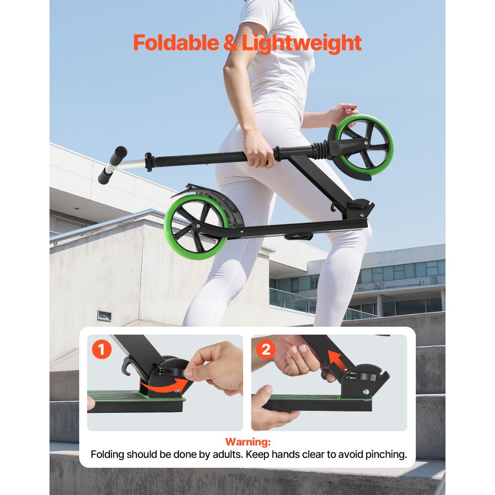 VEVOR Monopattini a Spinta, Monopattino con Freno a Pedale a 2 Ruote con Manubrio Regolabile Pedana Antiscivolo, Pieghevole e Leggero Fino a ca. 99,7 kg per Adolescenti e Adulti, Verde Nero
