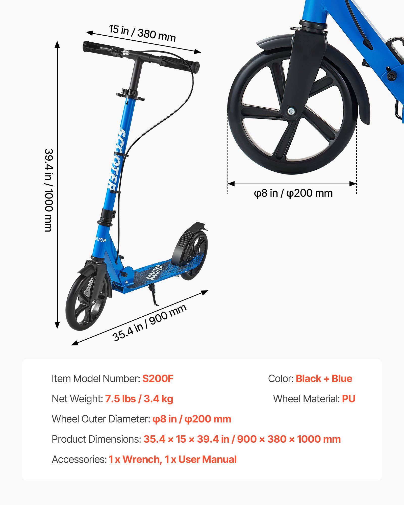 VEVOR Monopattino con 2 Ruote per Bambini da 8 Anni, Monopattino Pieghevole per Mobilità Urbana Carico max. 100kg Altezza Regolabile a 3 Livelli, Pedana Antiscivolo e Freno a Mano, Nero Blu