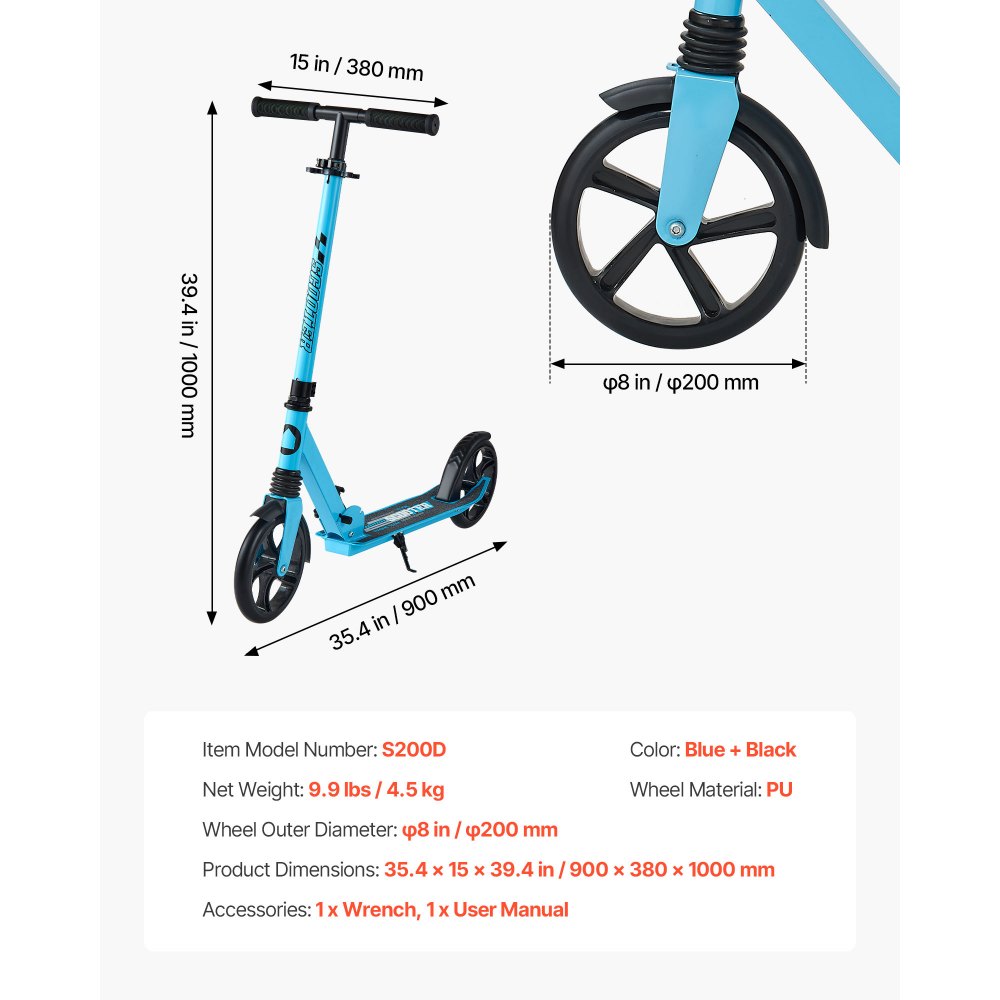 VEVOR Monopattino con 2 Ruote per Bambini da 8 Anni, Monopattino Carico max. 100 kg 3 Altezze Regolabile, Ruote Diametro da φ200 mm, Pedana Antiscivolo, Nero Blu