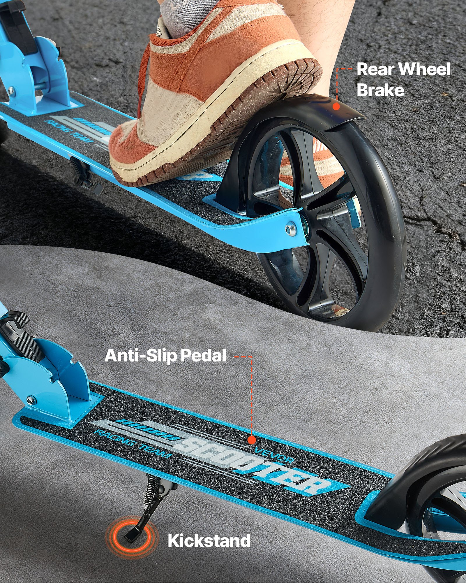 VEVOR Monopattino con 2 Ruote per Bambini da 8 Anni, Monopattino Carico max. 100 kg 3 Altezze Regolabile, Ruote Diametro da φ200 mm, Pedana Antiscivolo, Nero Blu