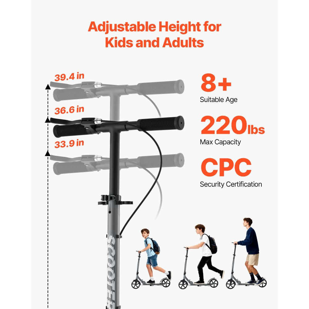 VEVOR Monopattino con 2 Ruote per Bambini da 8 Anni, Monopattino Pieghevole per Mobilità Urbana per Bambini Carico max. 100kg con Manubrio Regolabile in Altezza, Pedana Antiscivolo e Freno a Mano