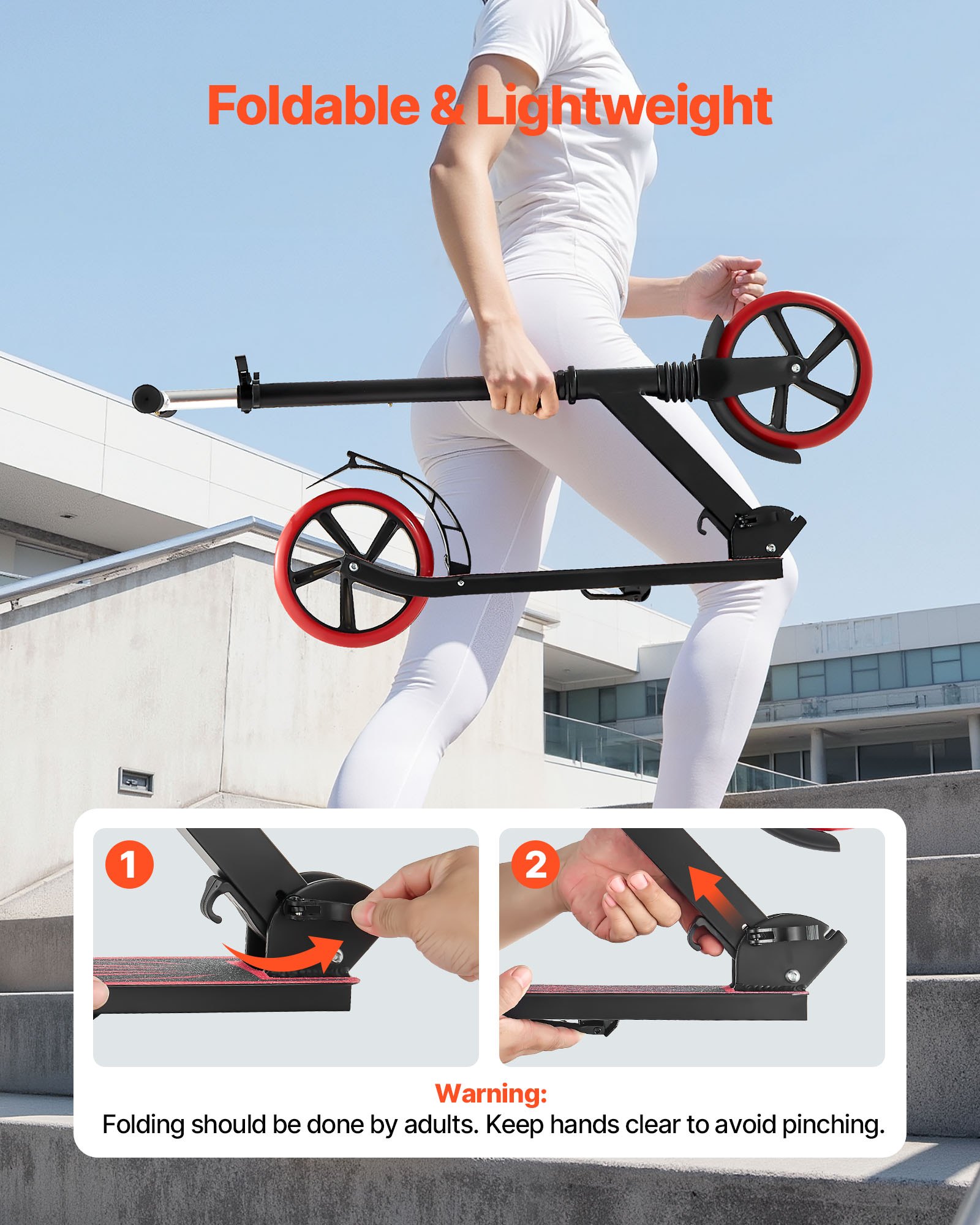 VEVOR Monopattino con 2 Ruote per Bambini da 8 Anni, Monopattino Pieghevole per Movimento della Città Carico max. 100kg 3 Altezze 900/970/1040 mm, Pedana Antiscivolo e Freno a Pedale, Nero Rosso