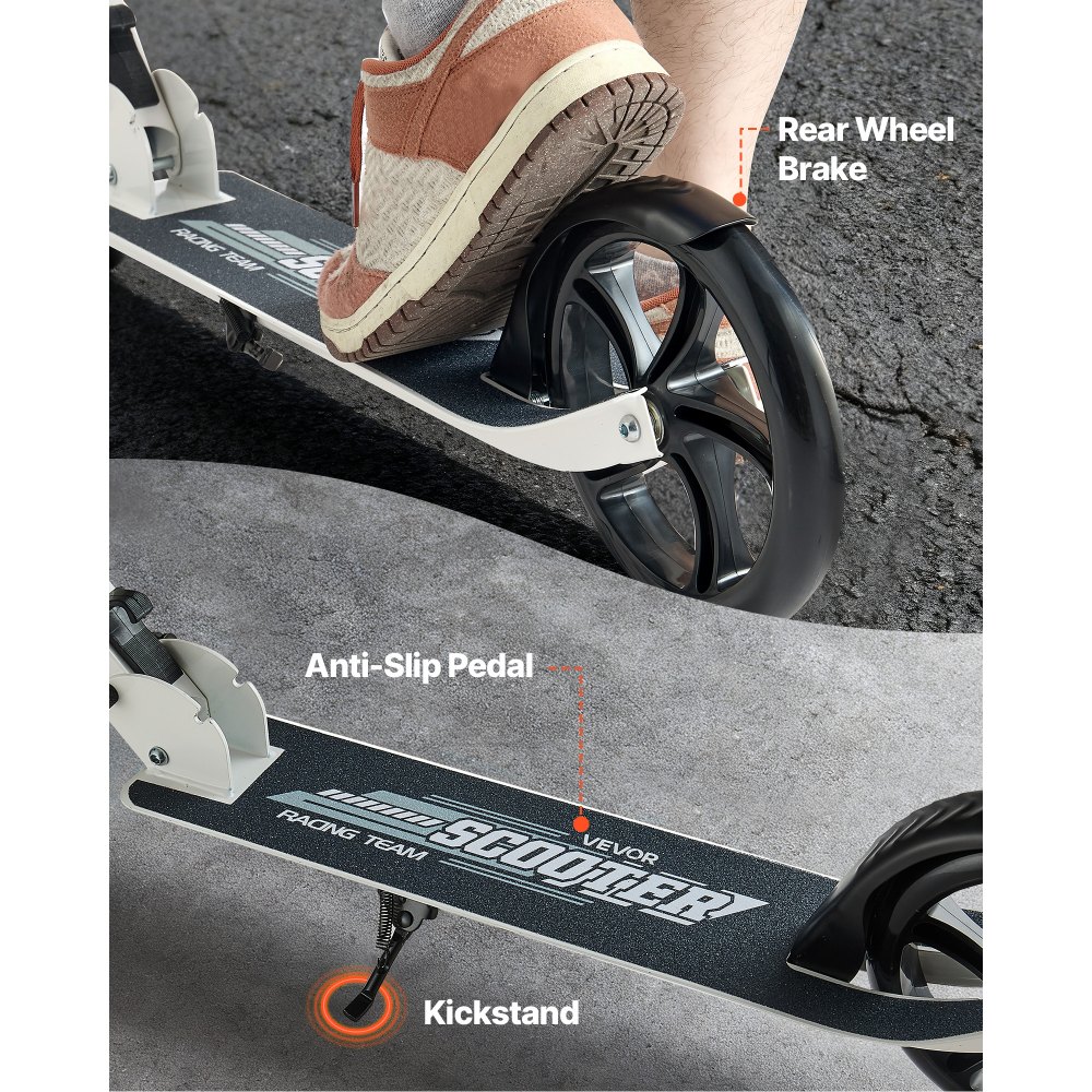 VEVOR Monopattino con 2 Ruote per Bambini da 8 Anni, Monopattino Pieghevole per Movimento della Città Carico max. 100kg 3 Altezze 860/930/1000 mm, Pedana Antiscivolo e Freno a Pedale, Nero Bianco