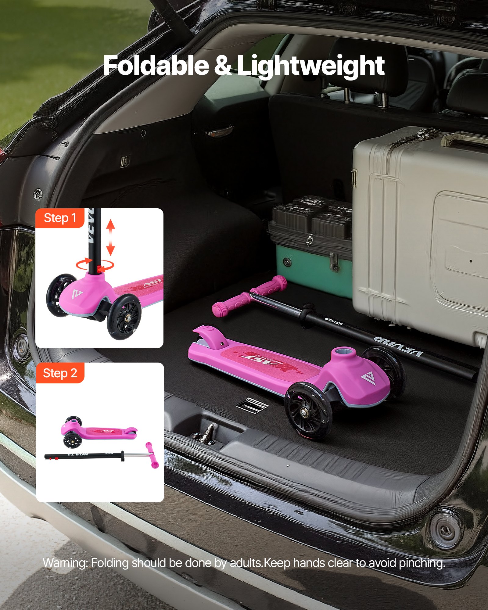 VEVOR Monopattino con 3 Ruote per Bambini da 3 Anni, Monopattino Carico max. 75kg 3 Altezze 710/755/800 mm, Ruote Luminose φ120 mm, Manubrio Altezza Regolabile, Pedana Antiscivolo, Rosa