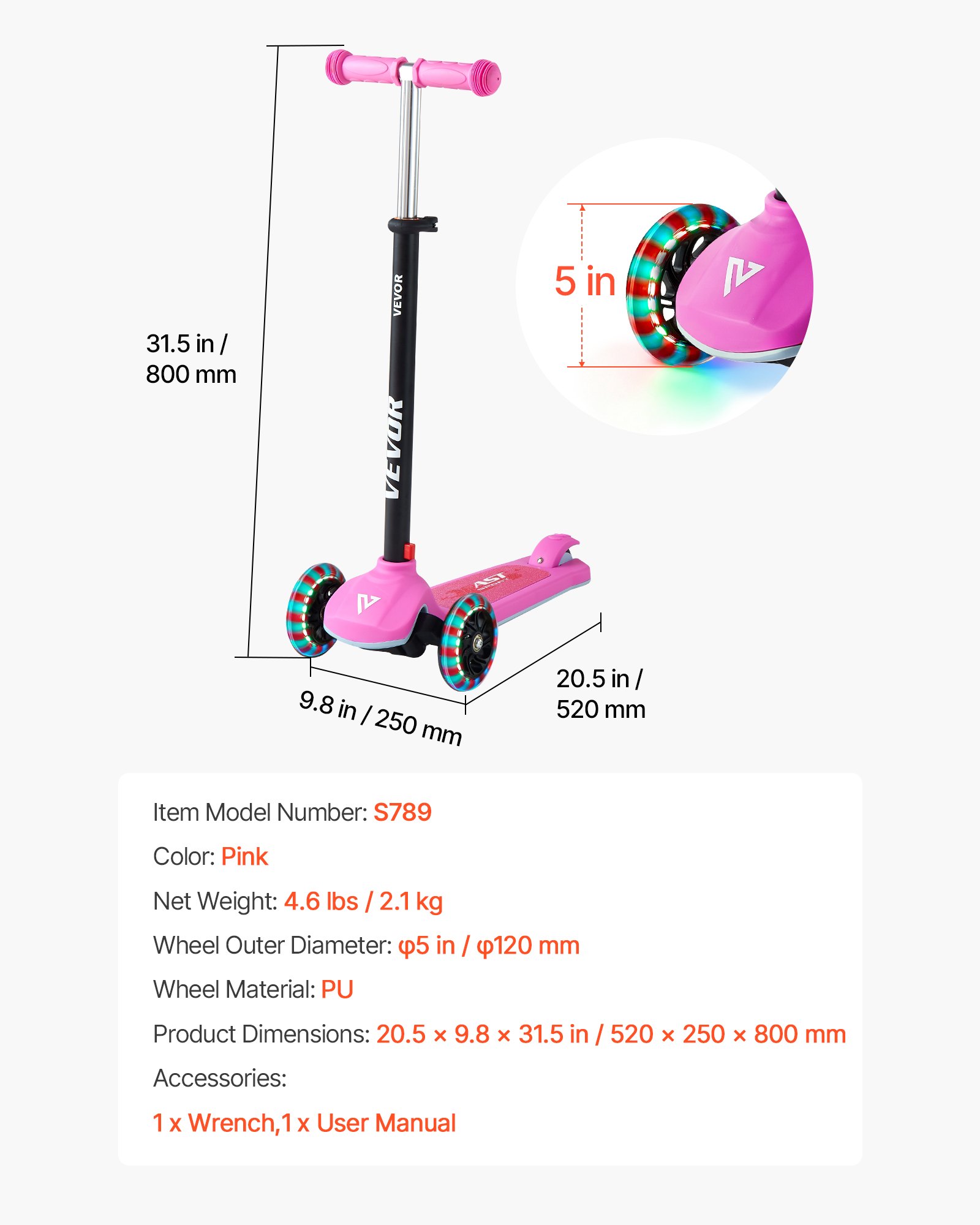 VEVOR Monopattino con 3 Ruote per Bambini da 3 Anni, Monopattino Carico max. 75kg 3 Altezze 710/755/800 mm, Ruote Luminose φ120 mm, Manubrio Altezza Regolabile, Pedana Antiscivolo, Rosa