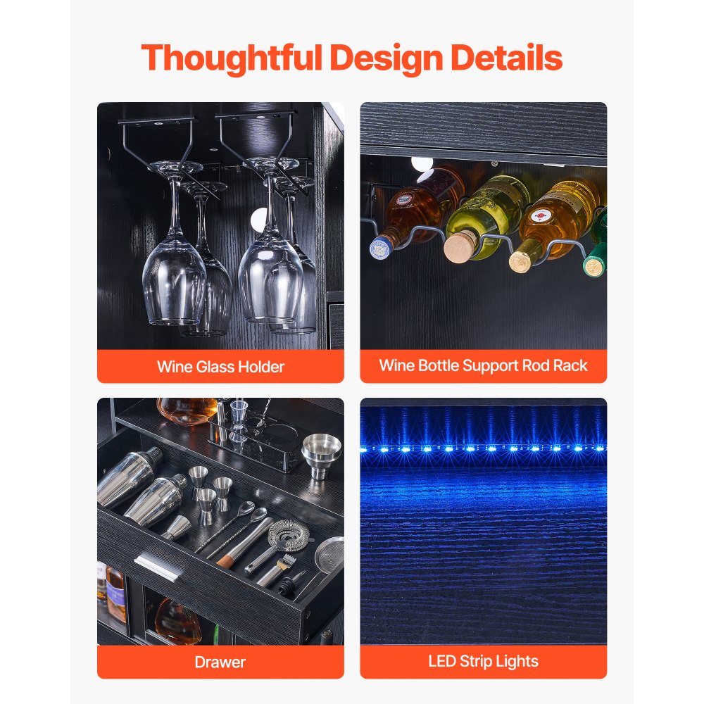 VEVOR Bancone da Bar per Casa, Mobile Tavolo da Salotto con 4 Ripiani Portabicchieri Portabottiglie, Bancone da Bar Luce LED in Legno 1500 x 460 x 1100 mm, Cucina Soggiorno Salotto Cantina, Nero