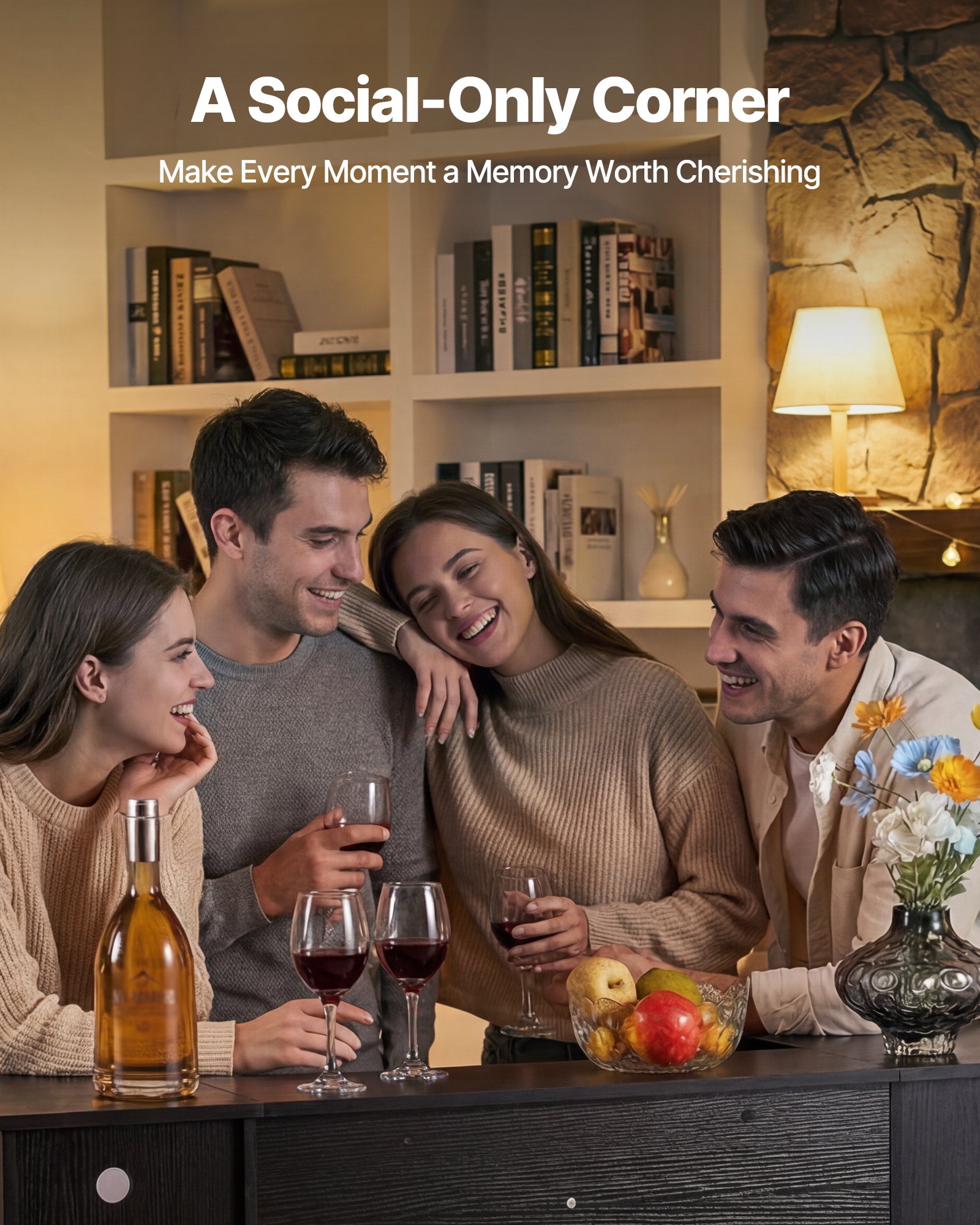 VEVOR Bancone da Bar per Casa, Mobile Tavolo da Salotto con 4 Ripiani Portabicchieri Portabottiglie, Bancone da Bar Luce LED in Legno 1500 x 460 x 1100 mm, Cucina Soggiorno Salotto Cantina, Nero