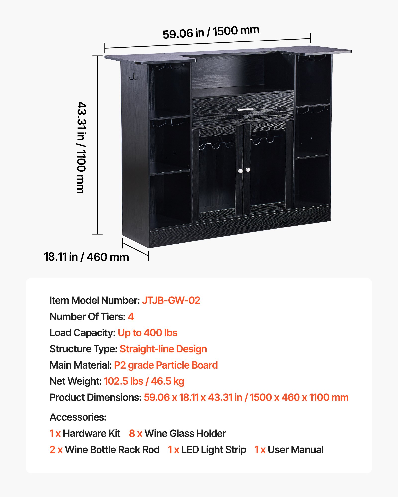 VEVOR Bancone da Bar per Casa, Mobile Tavolo da Salotto con 4 Ripiani Portabicchieri Portabottiglie, Bancone da Bar Luce LED in Legno 1500 x 460 x 1100 mm, Cucina Soggiorno Salotto Cantina, Nero