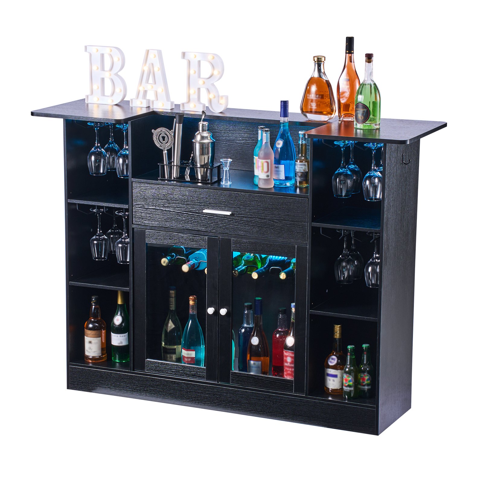 VEVOR Bancone da Bar per Casa, Mobile Tavolo da Salotto con 4 Ripiani Portabicchieri Portabottiglie, Bancone da Bar Luce LED in Legno 1500 x 460 x 1100 mm, Cucina Soggiorno Salotto Cantina, Nero